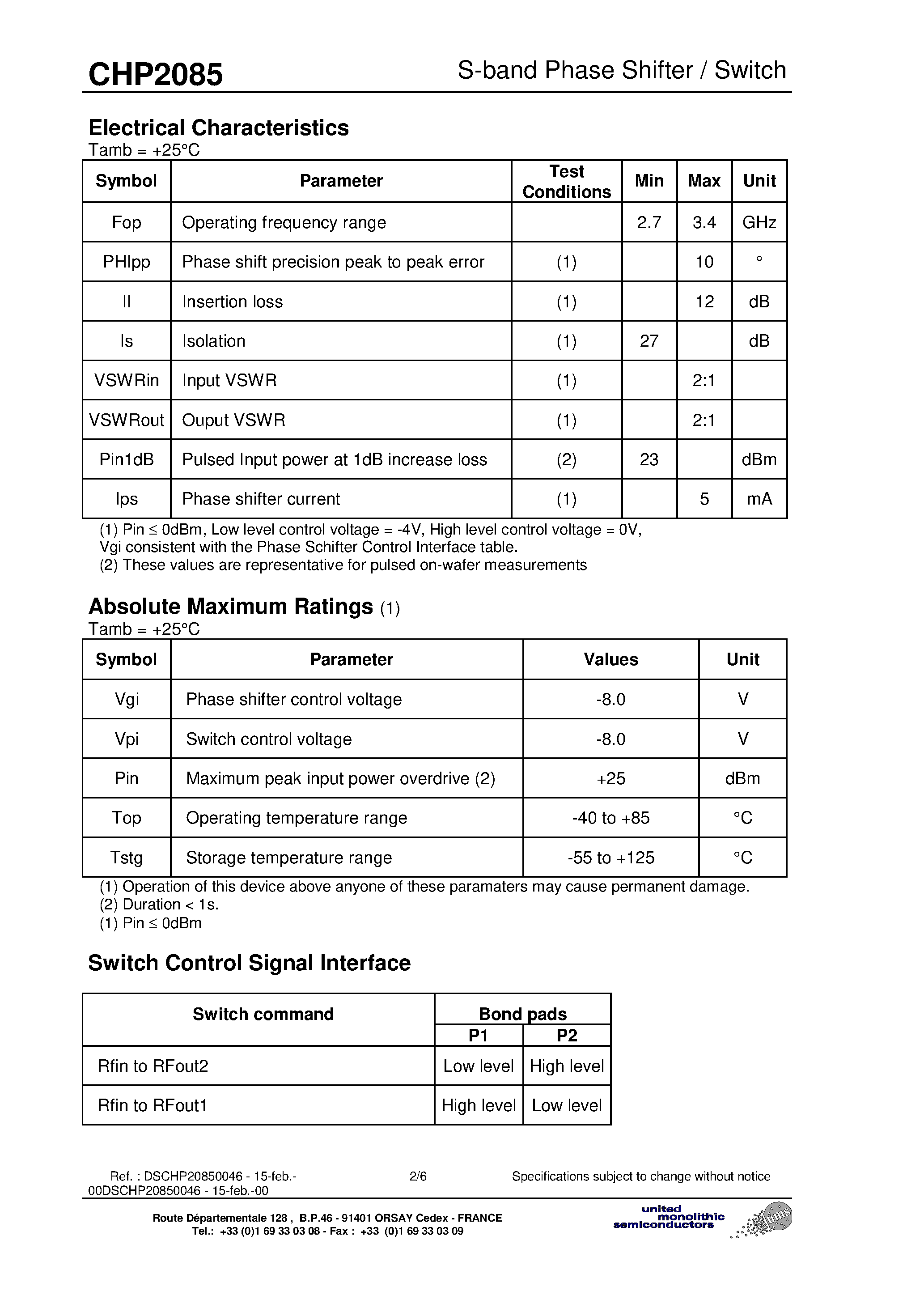 Datasheet CHP2085 - S-band Phase Shifter / Switch page 2