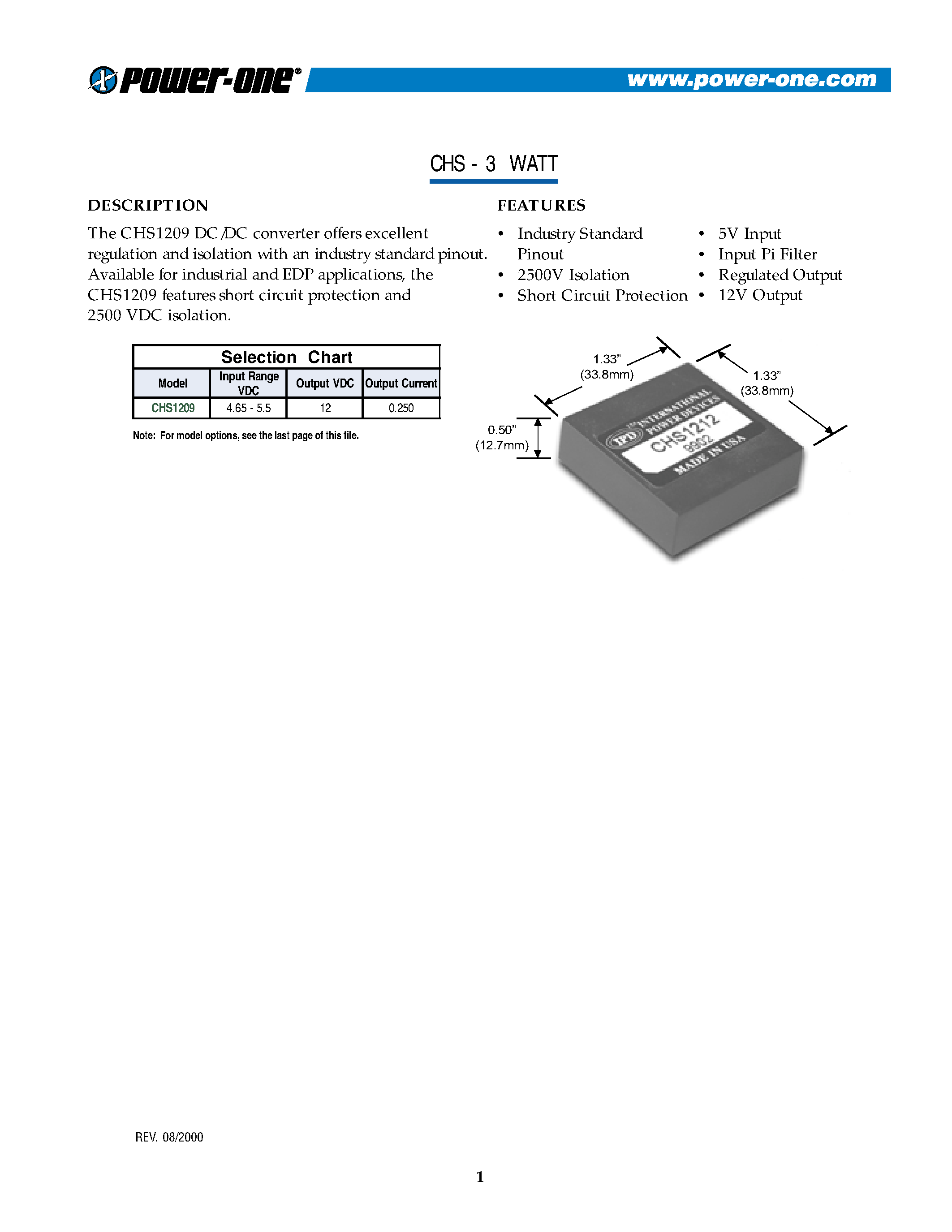 Datasheet CHS1209 - CHS1209 DC/DC converter(3 WATT) page 1