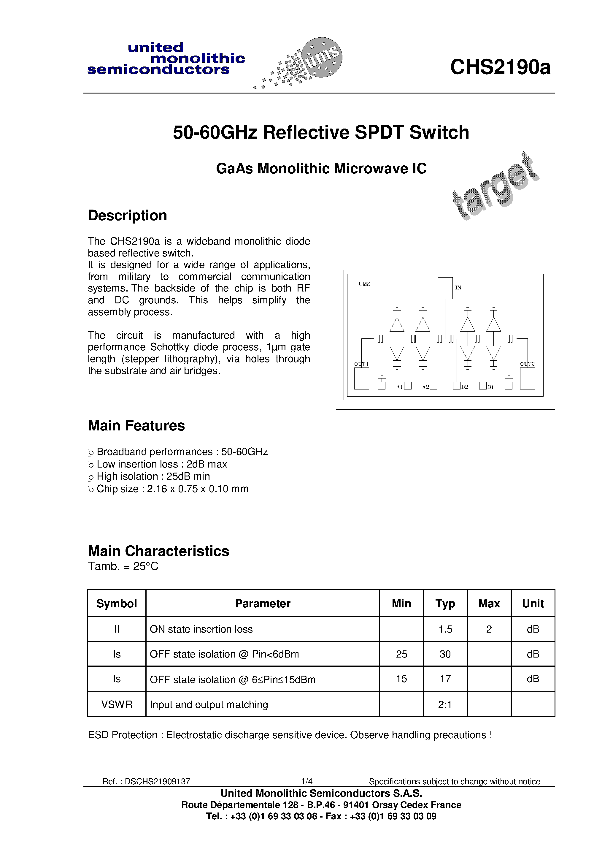Даташит на микросхему CHS2190A страница 1 Даташит CHS2190A - 50-60GHz Reflective SPDT Switch страница 1