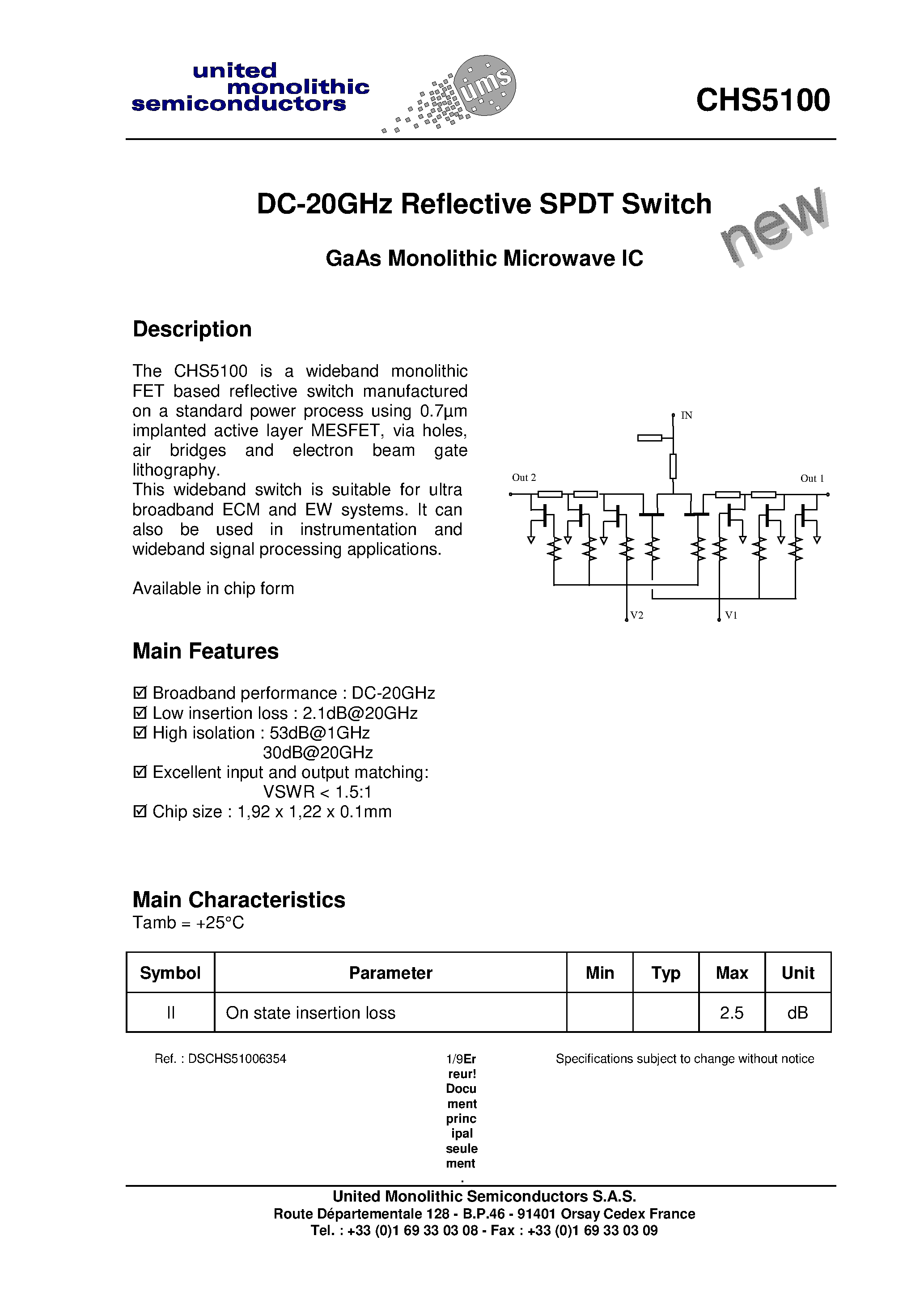 Даташит на микросхему CHS5100 страница 1 Даташит CHS5100 - DC-20GHz Reflective SPDT Switch страница 1
