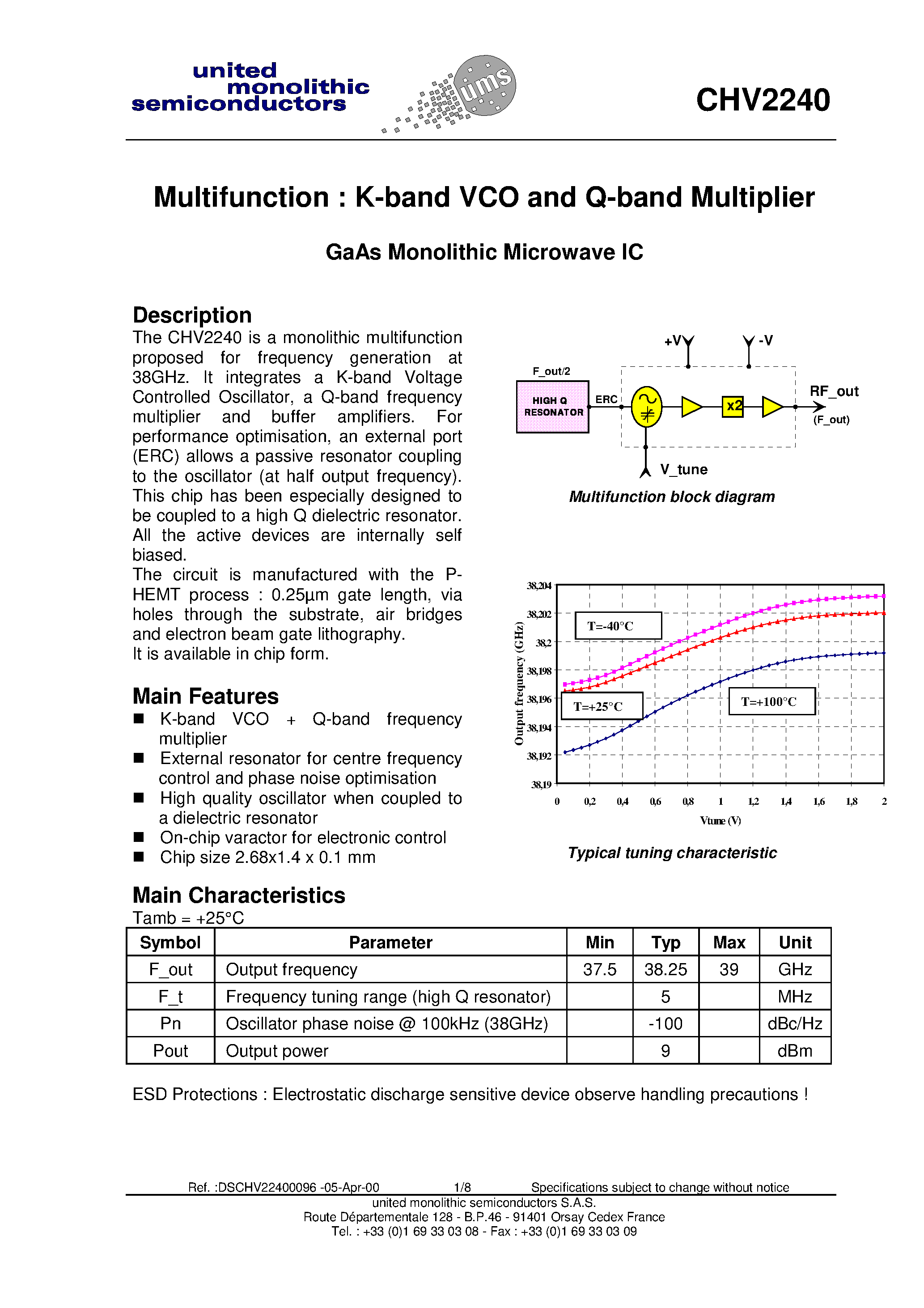 Даташит на микросхему CHV2240 страница 1 Даташит CHV2240 - Multifunction : K-band VCO and Q-band Multiplier страница 1