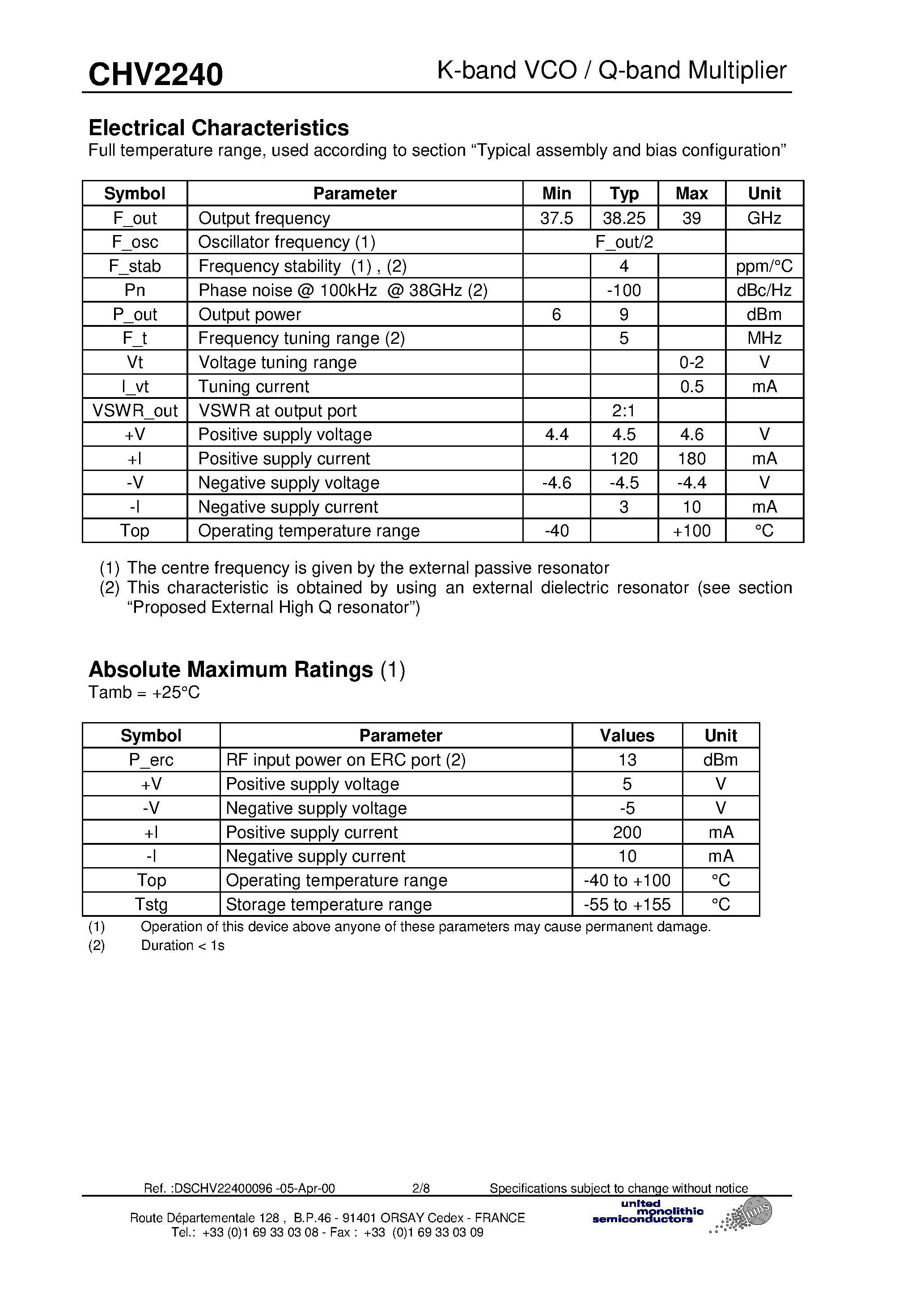 Даташит на микросхему CHV2240 страница 2 Даташит CHV2240 - Multifunction : K-band VCO and Q-band Multiplier страница 2