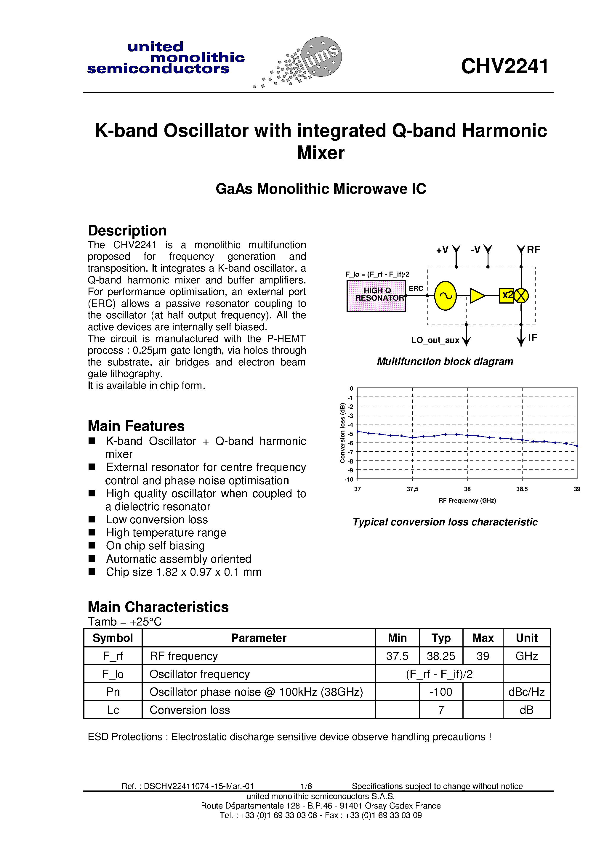 Даташит на микросхему CHV2241 страница 1 Даташит CHV2241 - K-band Oscillator with integrated Q-band Harmonic Mixer страница 1