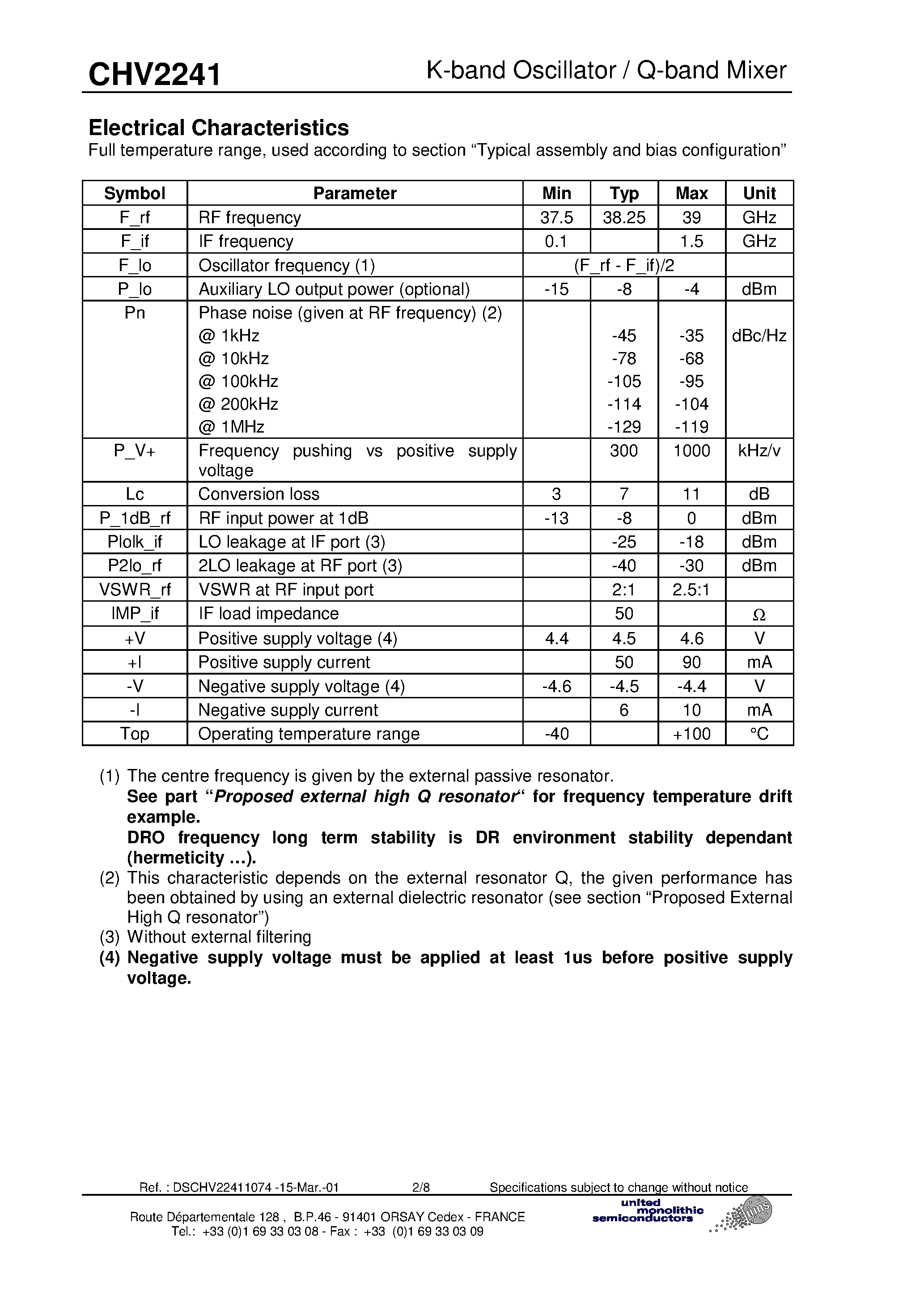 Даташит на микросхему CHV2241 страница 2 Даташит CHV2241 - K-band Oscillator with integrated Q-band Harmonic Mixer страница 2
