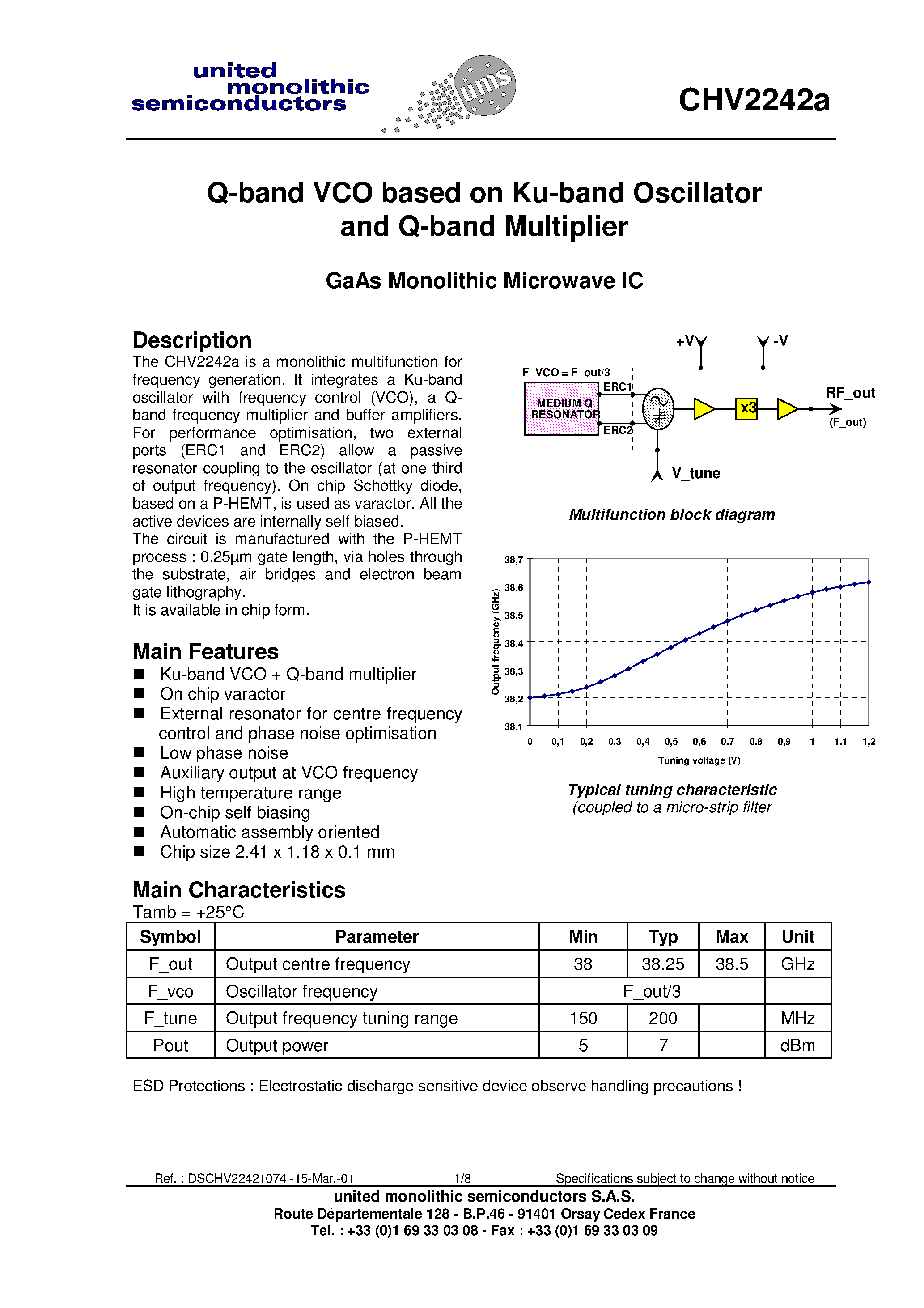 Даташит на микросхему CHV2242A страница 1 Даташит CHV2242A - Q-band VCO based on Ku-band Oscillator and Q-band Multiplier страница 1