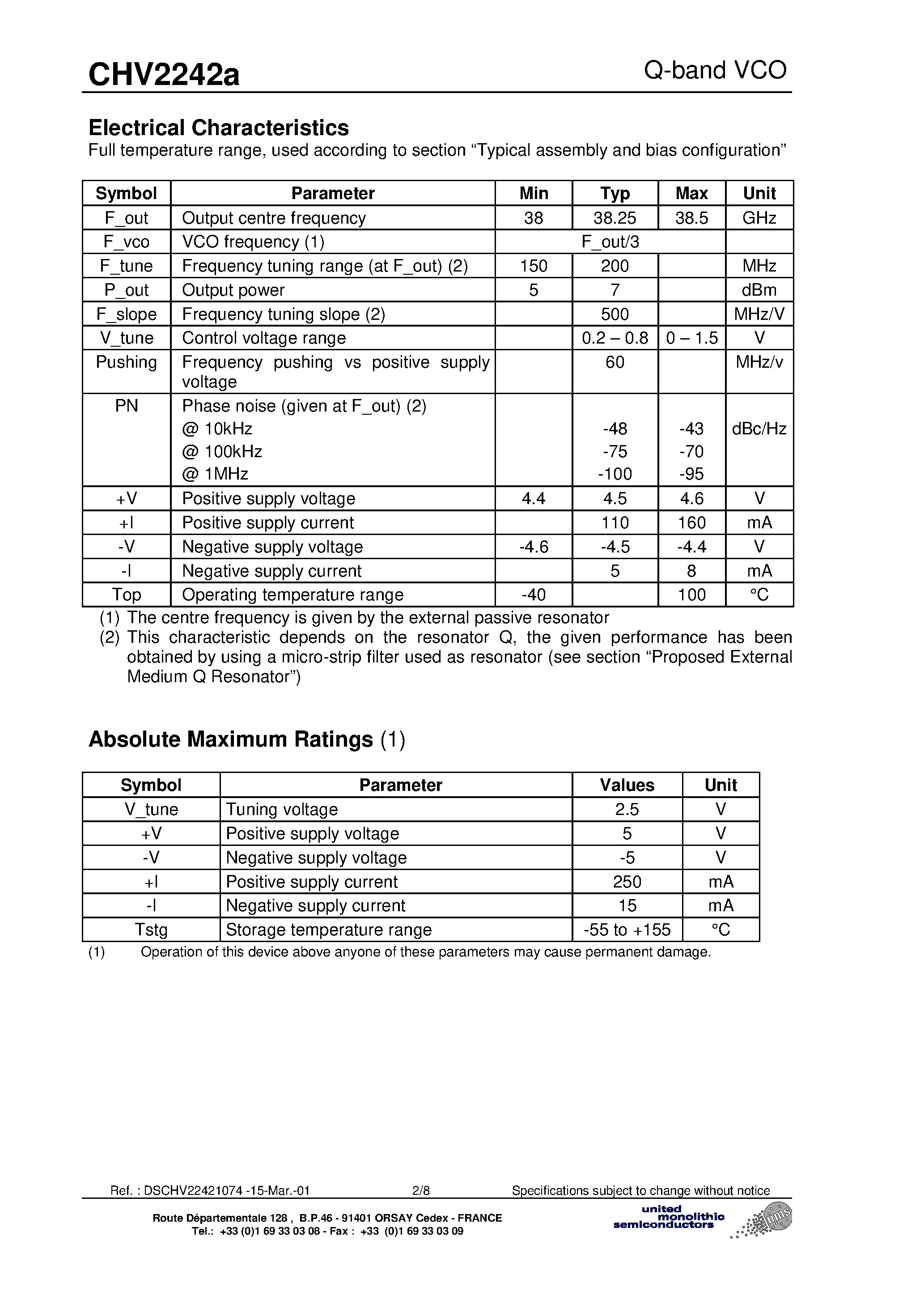 Даташит на микросхему CHV2242A страница 2 Даташит CHV2242A - Q-band VCO based on Ku-band Oscillator and Q-band Multiplier страница 2