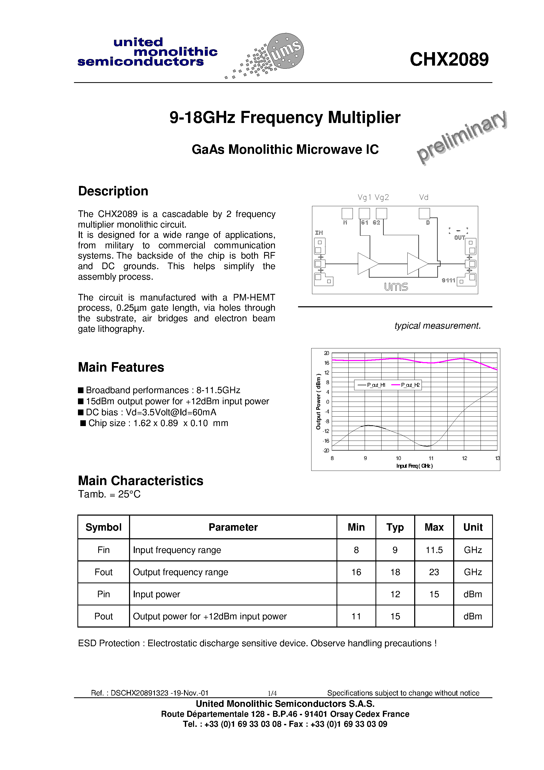 Даташит CHX2089 - 9-18GHz Frequency Multiplier страница 1
