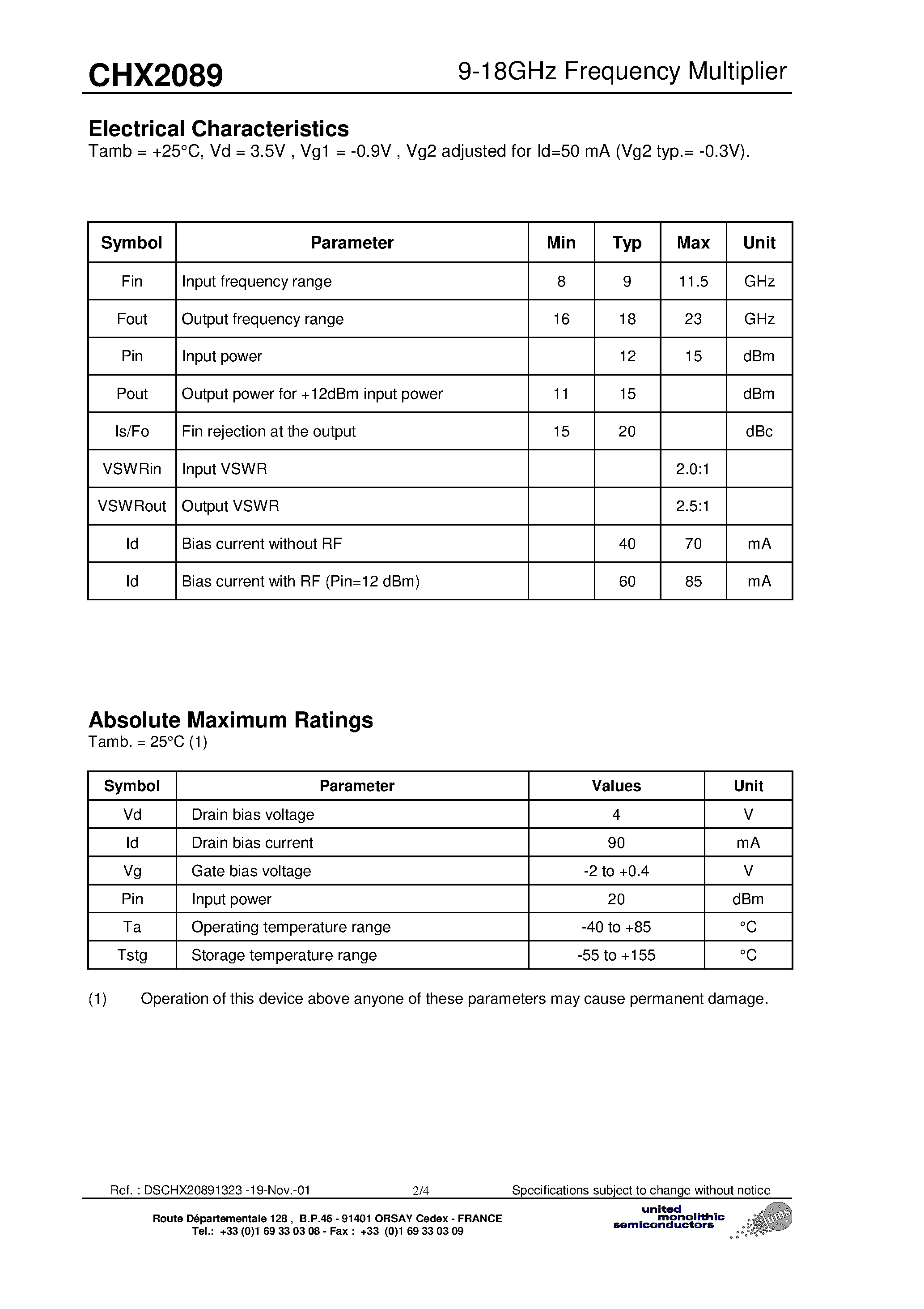 Даташит CHX2089 - 9-18GHz Frequency Multiplier страница 2