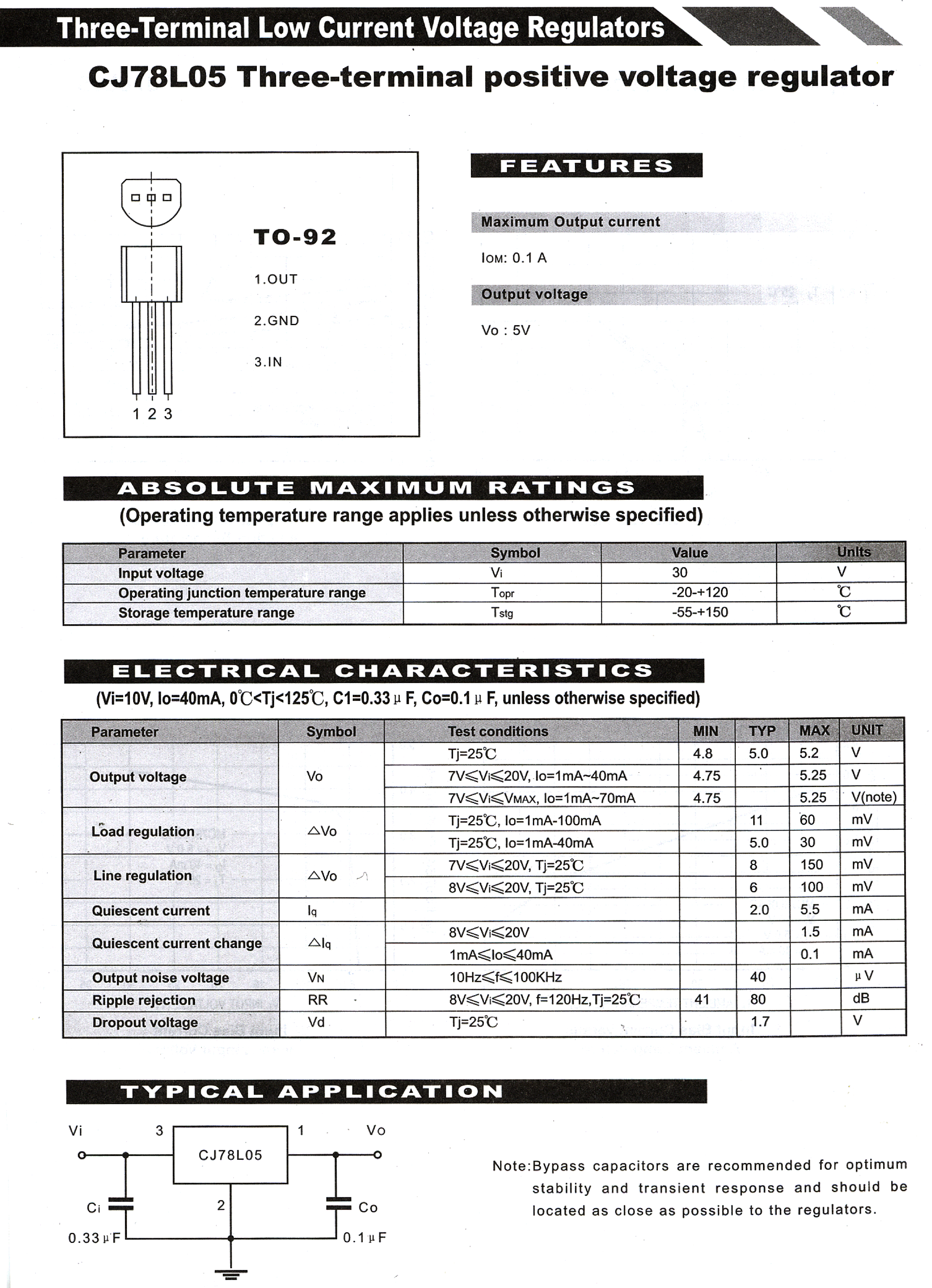 Даташит на микросхему CJ78L05 страница 1 Даташит CJ78L05 - THREE TERMINAL POSITIVE VOLTAGE REGULATOR страница 1