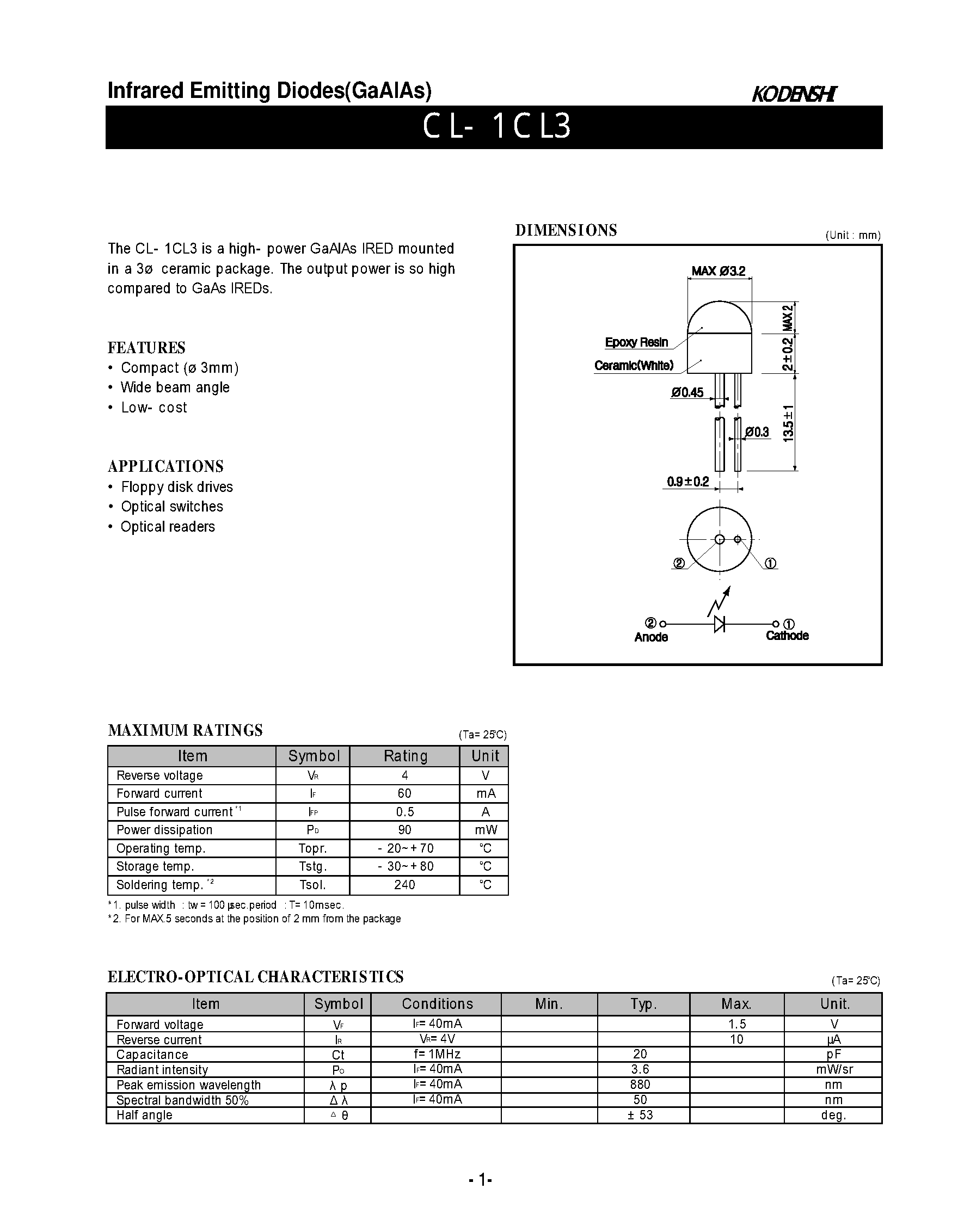 Даташит CL-1CL3 - Infrared Emitting Diodes(GaAlAs) страница 1