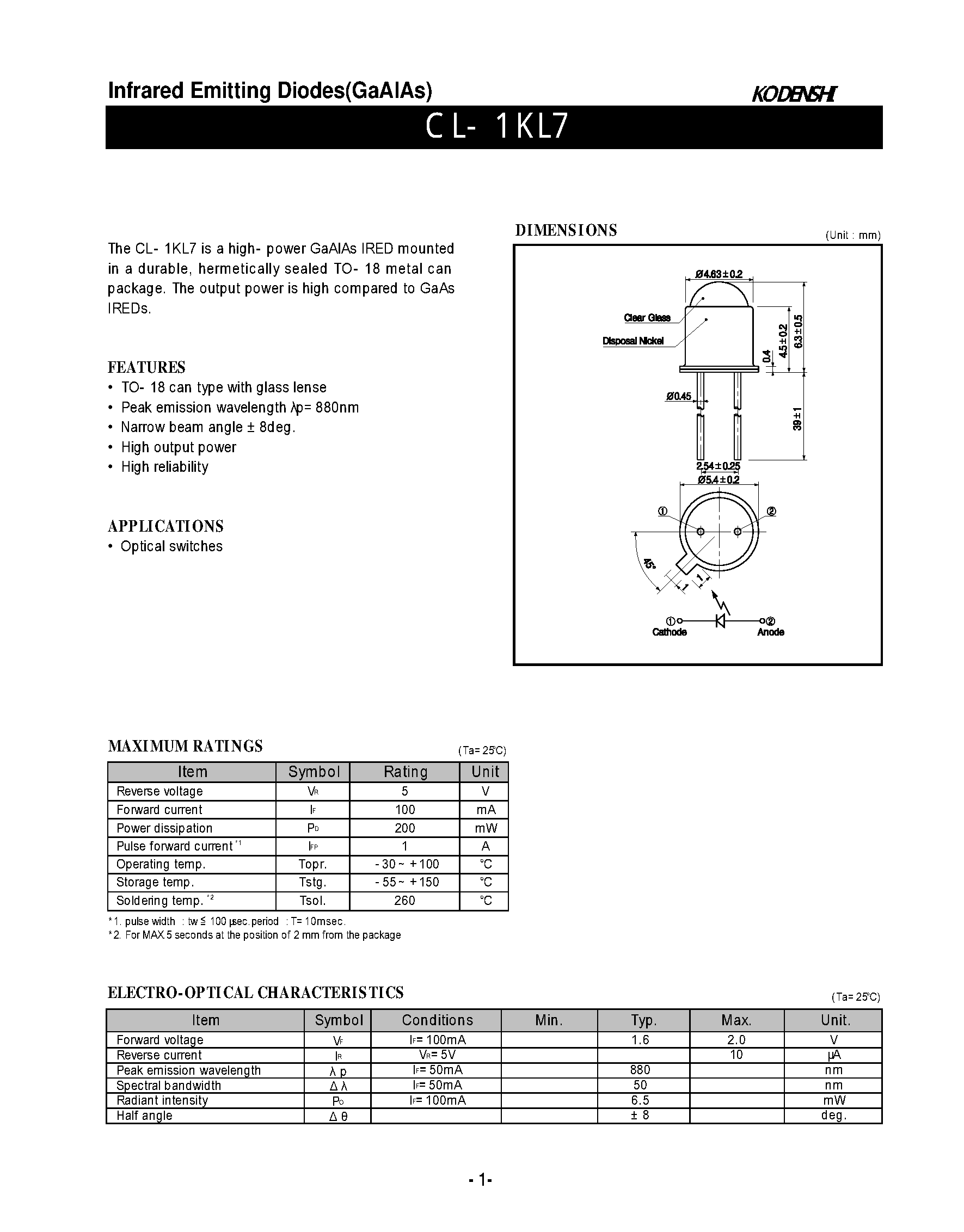 Даташит на микросхему CL-1KL7 страница 1 Даташит CL-1KL7 - Infrared Emitting Diodes(GaAlAs) страница 1