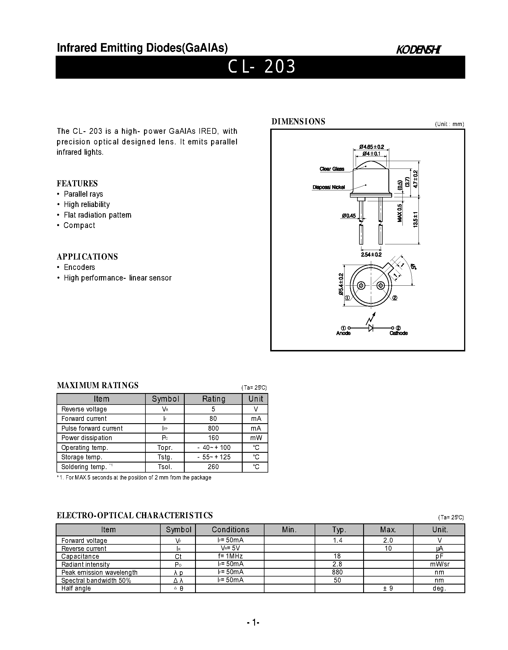Даташит на микросхему CL-203 страница 1 Даташит CL-203 - Infrared Emitting Diodes(GaAlAs) страница 1