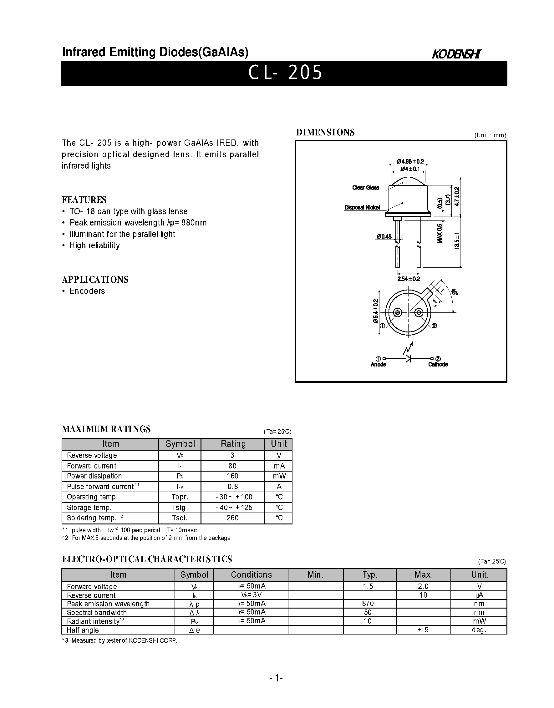 Даташит на микросхему CL-205 страница 1 Даташит CL-205 - Infrared Emitting Diodes(GaAlAs) страница 1