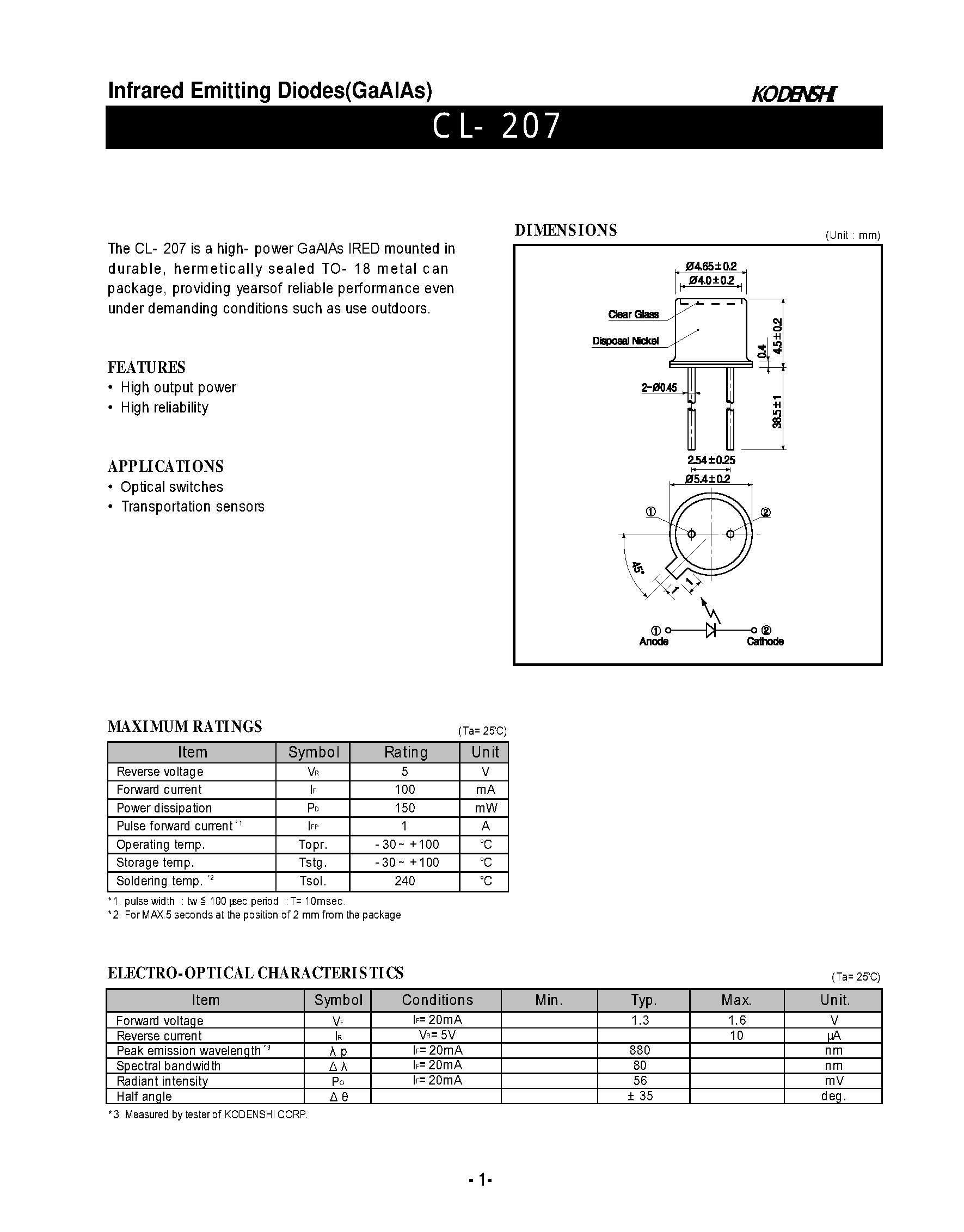Даташит на микросхему CL-207 страница 1 Даташит CL-207 - Infrared Emitting Diodes(GaAlAs) страница 1
