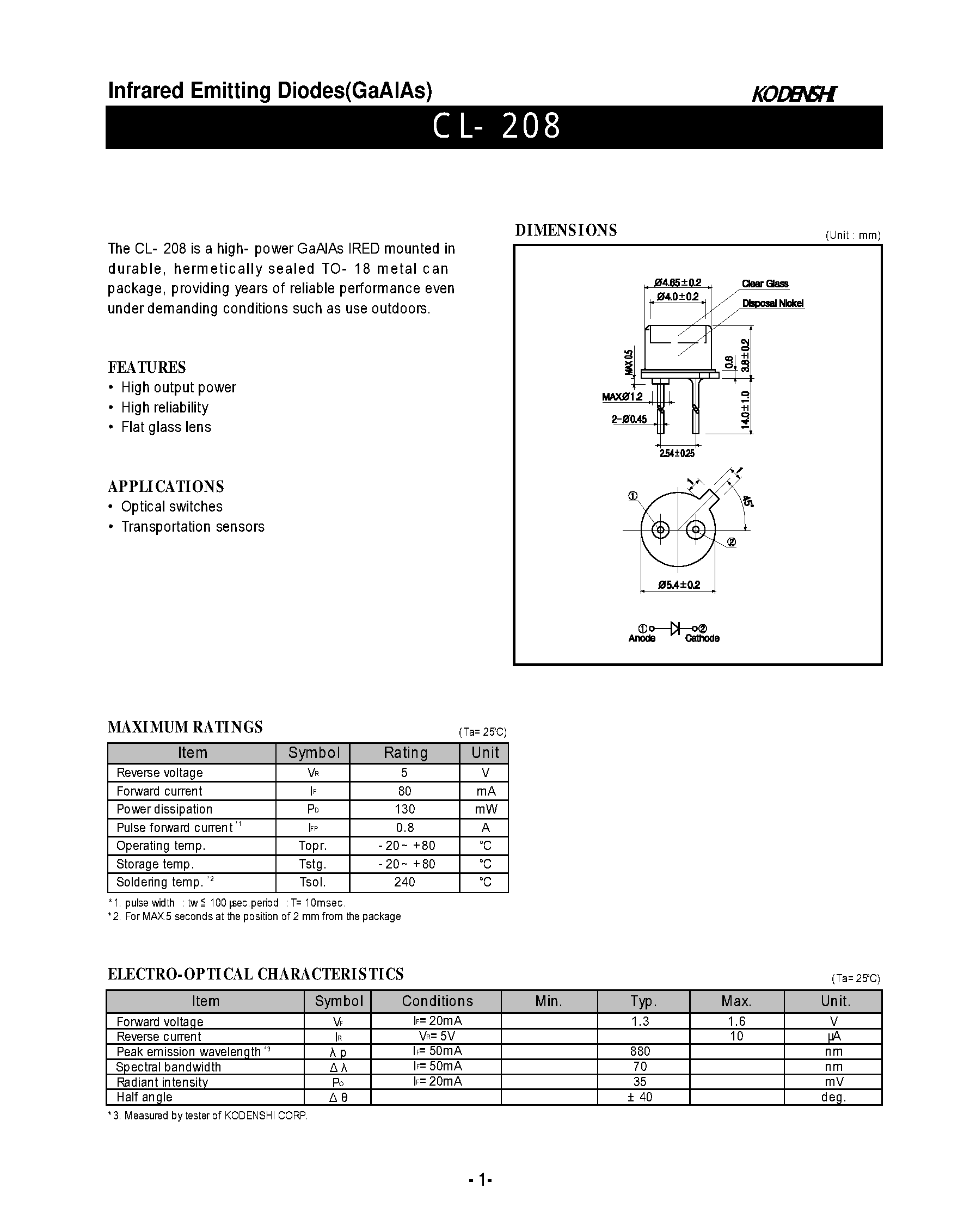Даташит на микросхему CL-208 страница 1 Даташит CL-208 - Infrared Emitting Diodes(GaAlAs) страница 1