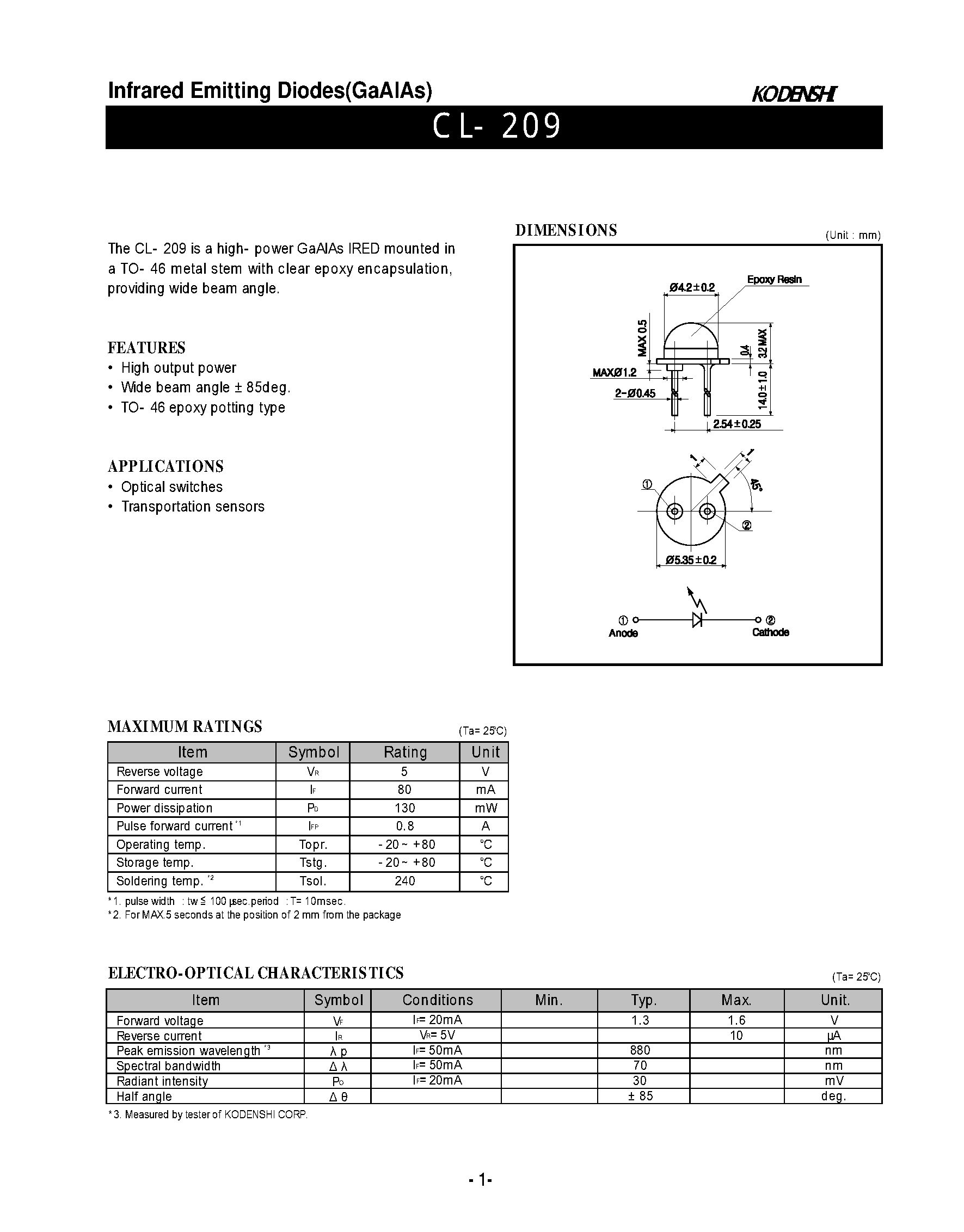 Даташит на микросхему CL-209 страница 1 Даташит CL-209 - Infrared Emitting Diodes(GaAlAs) страница 1