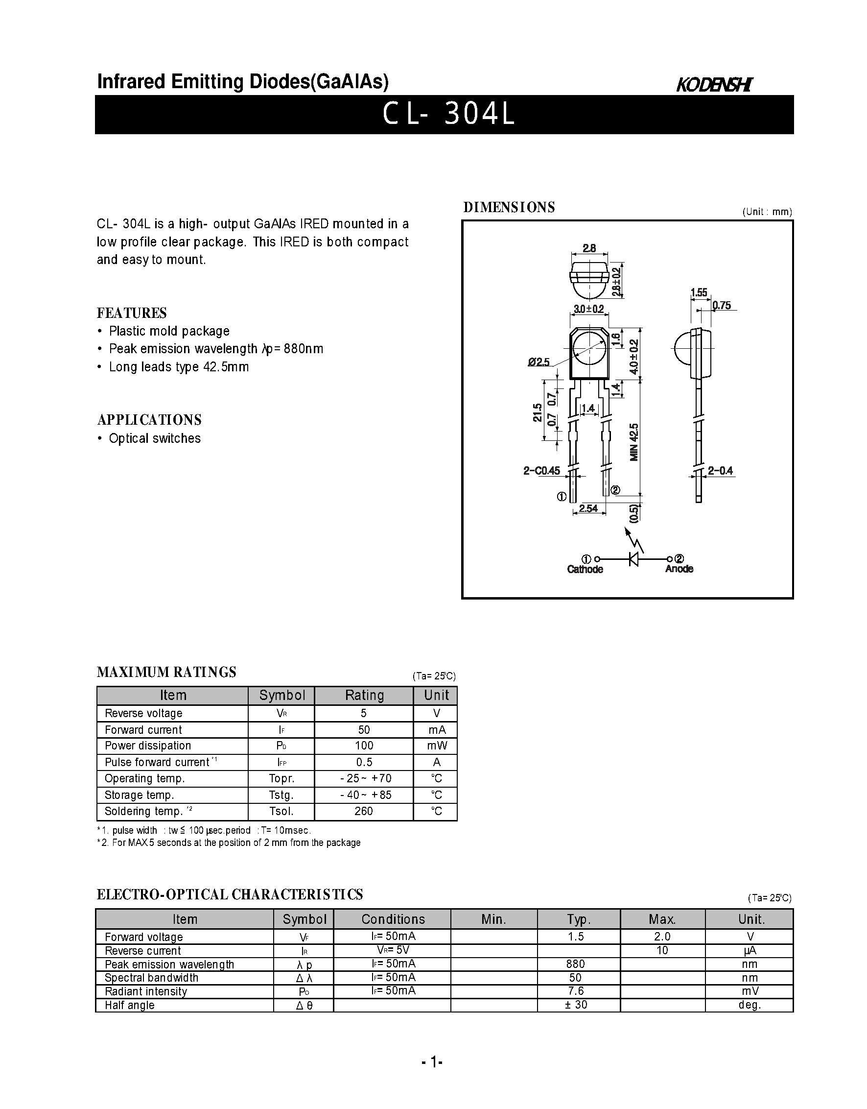 Даташит на микросхему CL-304L страница 1 Даташит CL-304L - Infrared Emitting Diodes(GaAlAs) страница 1