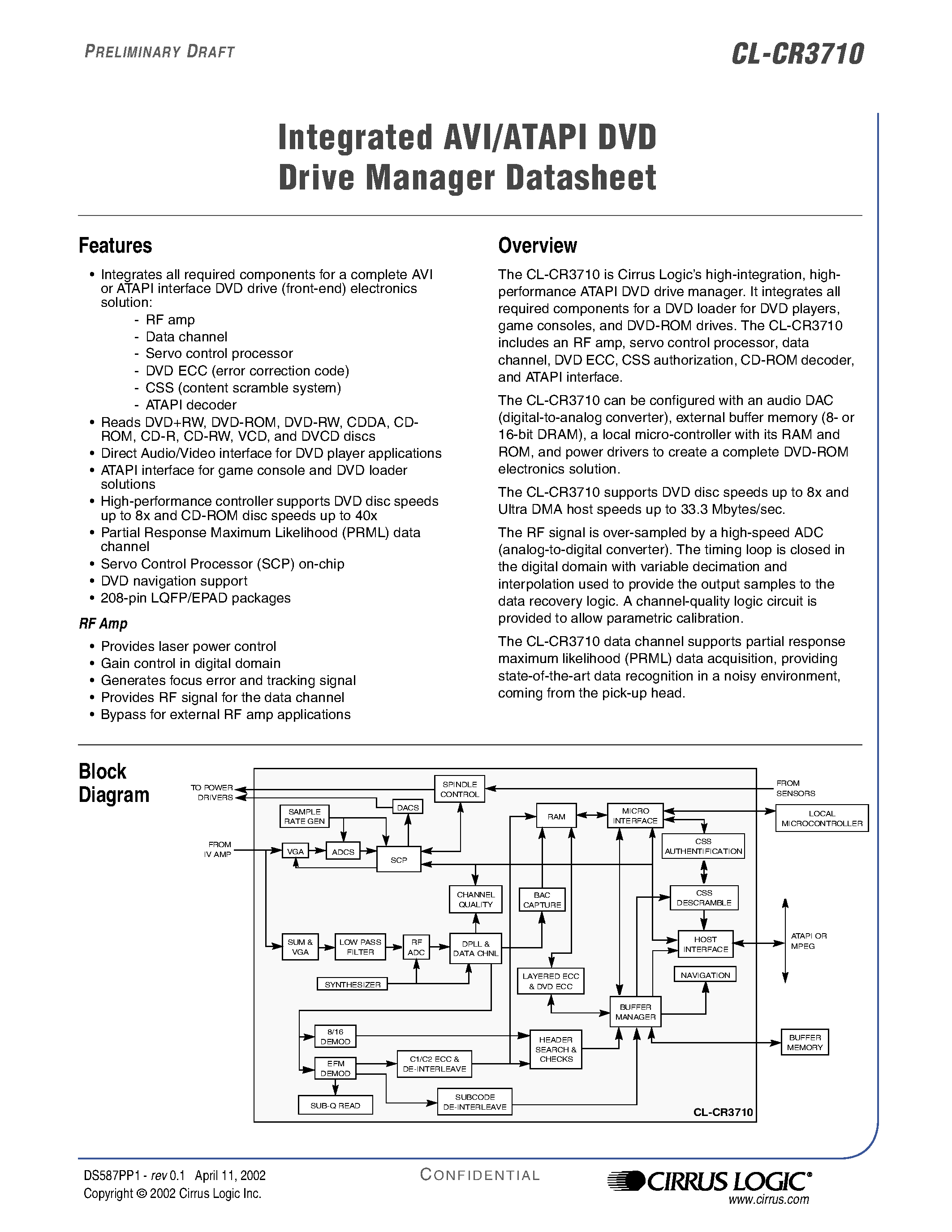 Datasheet CL-CR3710-33QC-A page 1 Datasheet CL-CR3710-33QC-A - Integrated AVI/ATAPI DVD Drive Manager page 1