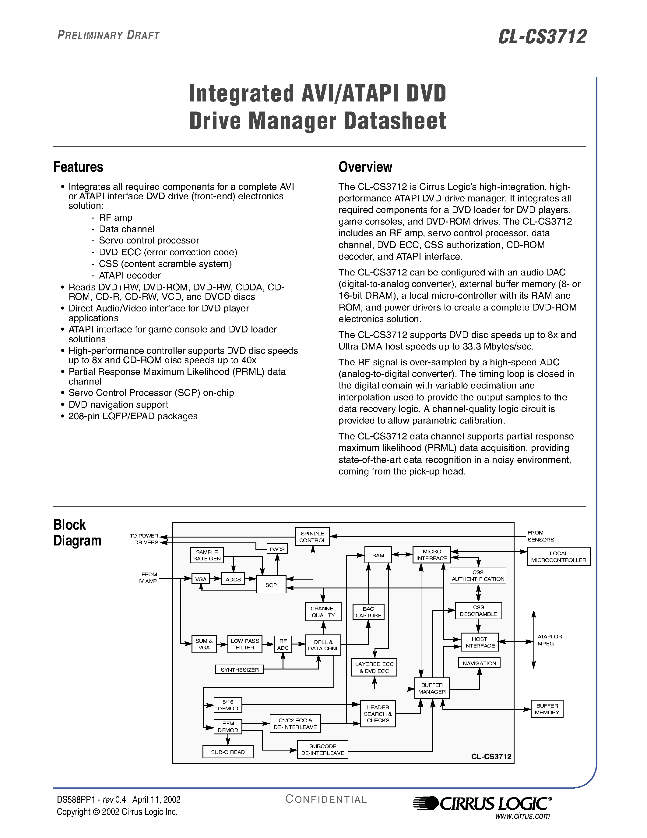 Datasheet CL-CS3712-33QC-A - Integrated AVI/ATAPI DVD Drive Manager page 1