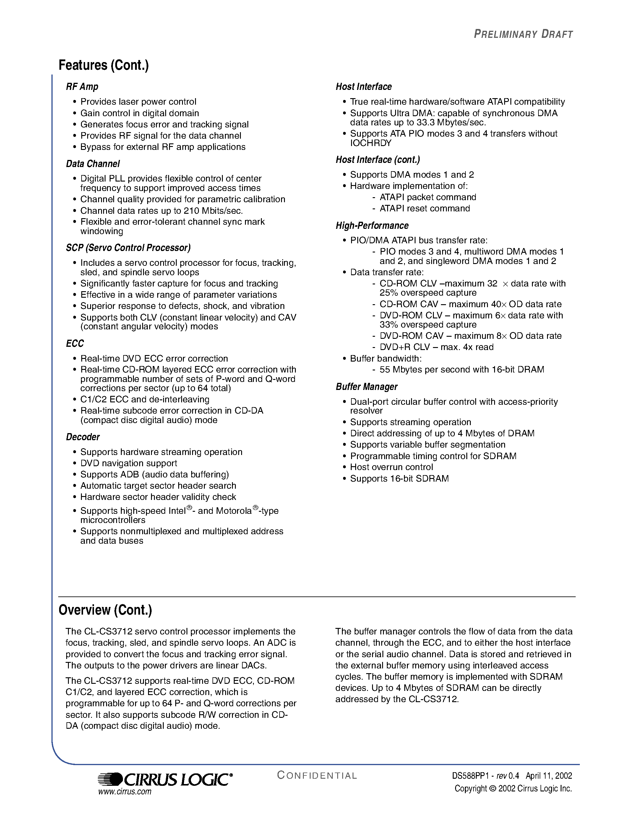 Datasheet CL-CS3712-33QC-A - Integrated AVI/ATAPI DVD Drive Manager page 2