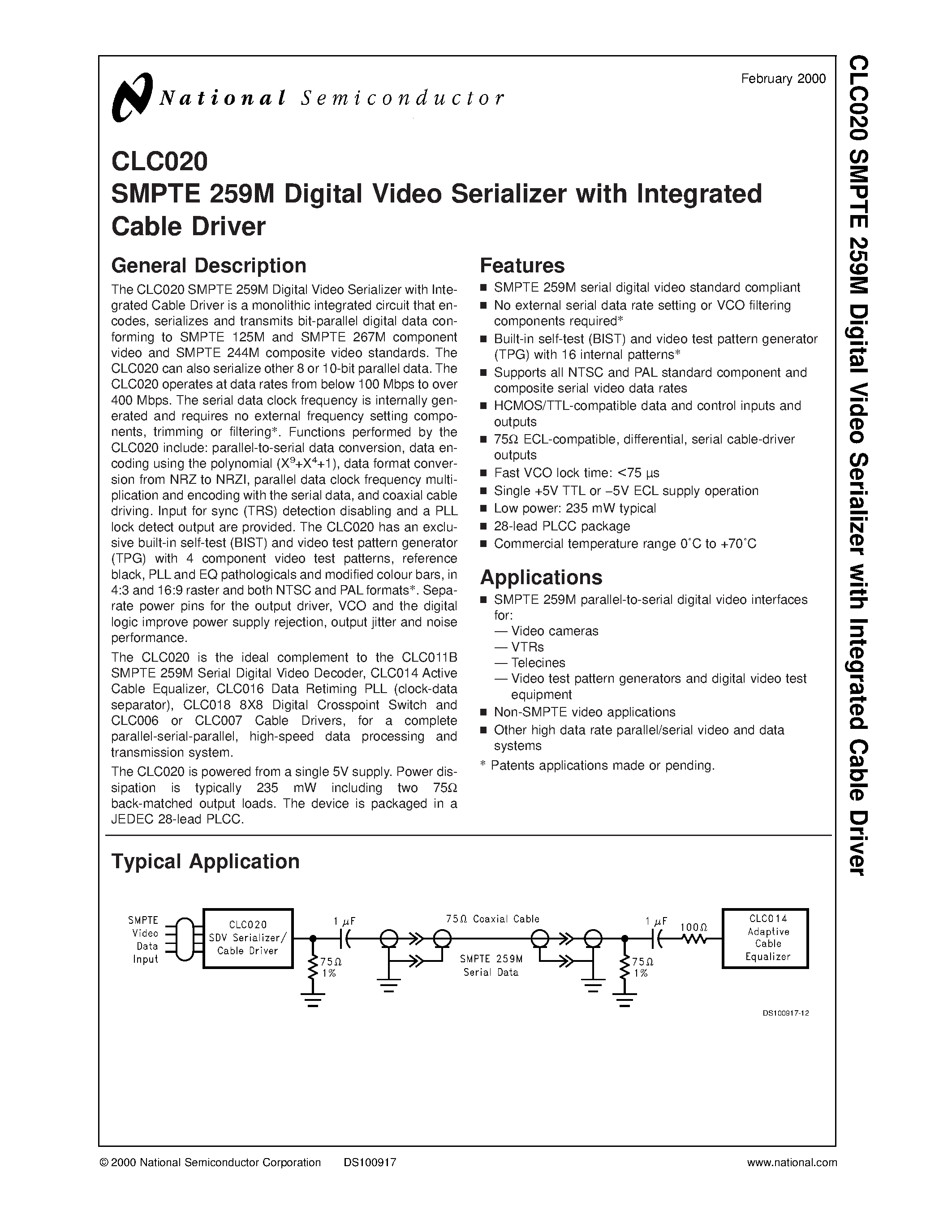 Даташит CLC020ACQ - SMPTE 259M Digital Video Serializer with Integrated Cable Driver страница 1