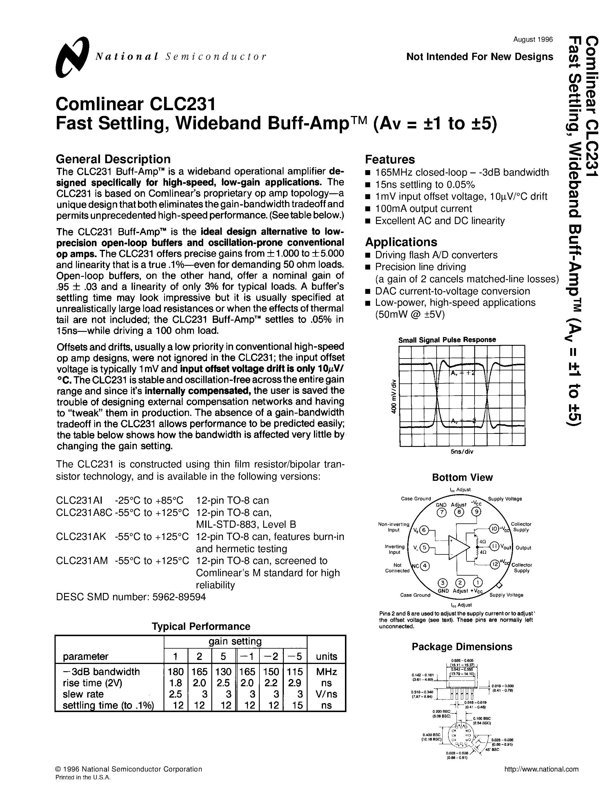 Datasheet CLC231AI - Fast Settling/ Wideband Buff-Amp (Av = 1 to 5) page 1