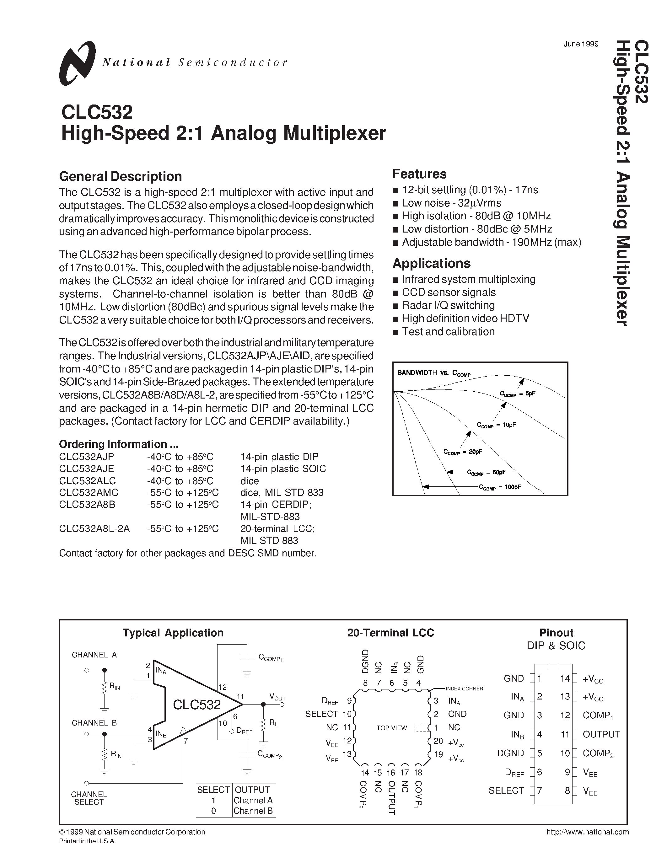 Даташит CLC532A8L-2A - High-Speed 2:1 Analog Multiplexer страница 1