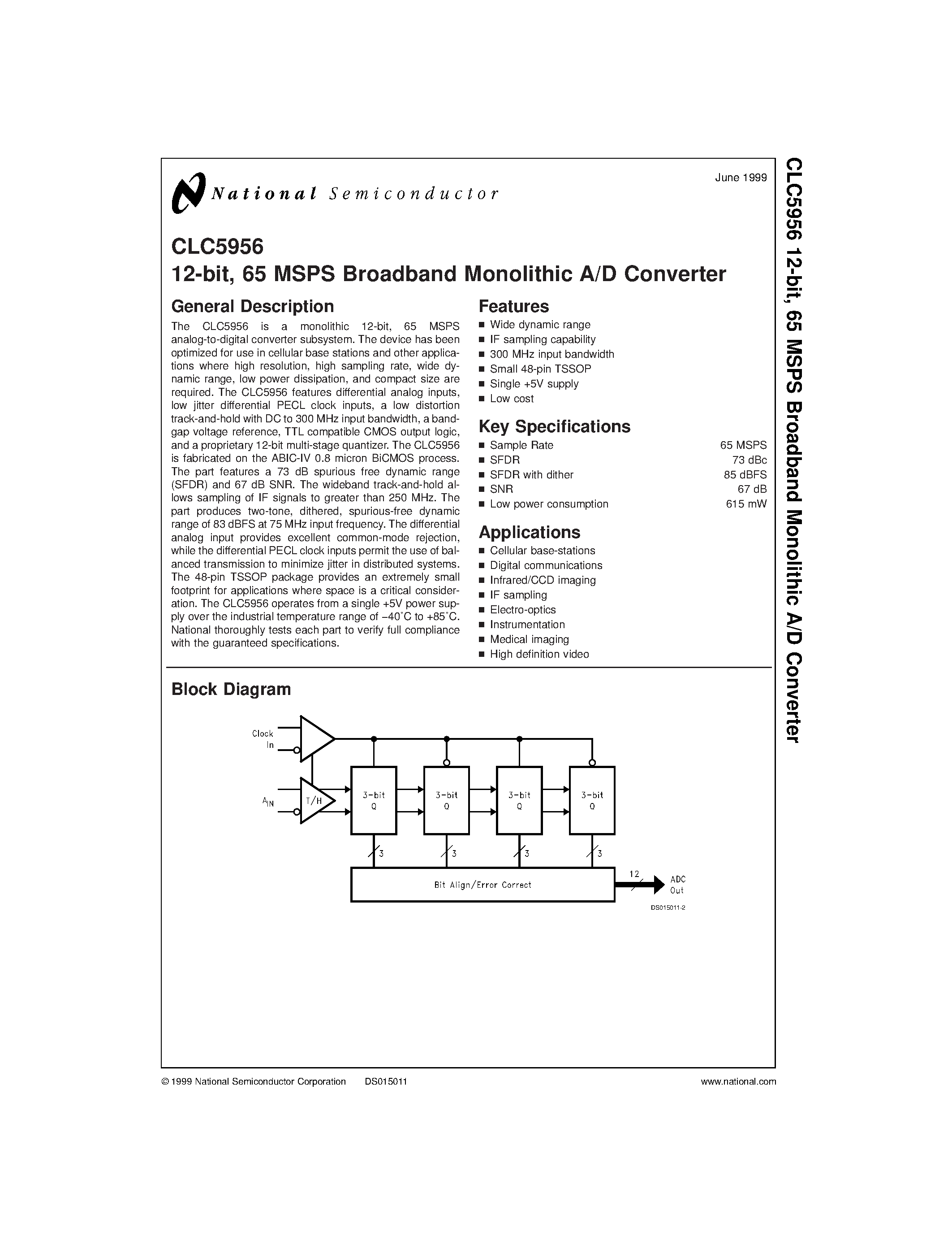 Даташит на микросхему CLC5956IMTDX страница 1 Даташит CLC5956IMTDX - 12-bit/ 65 MSPS Broadband Monolithic A/D Converter страница 1
