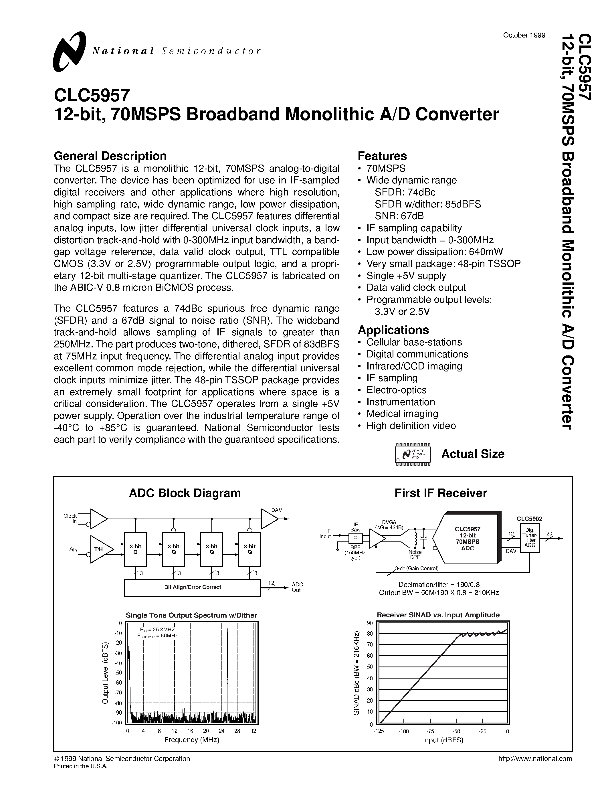 Datasheet CLC5957MTD - 12-bit/ 70MSPS Broadband Monolithic A/D Converter page 1