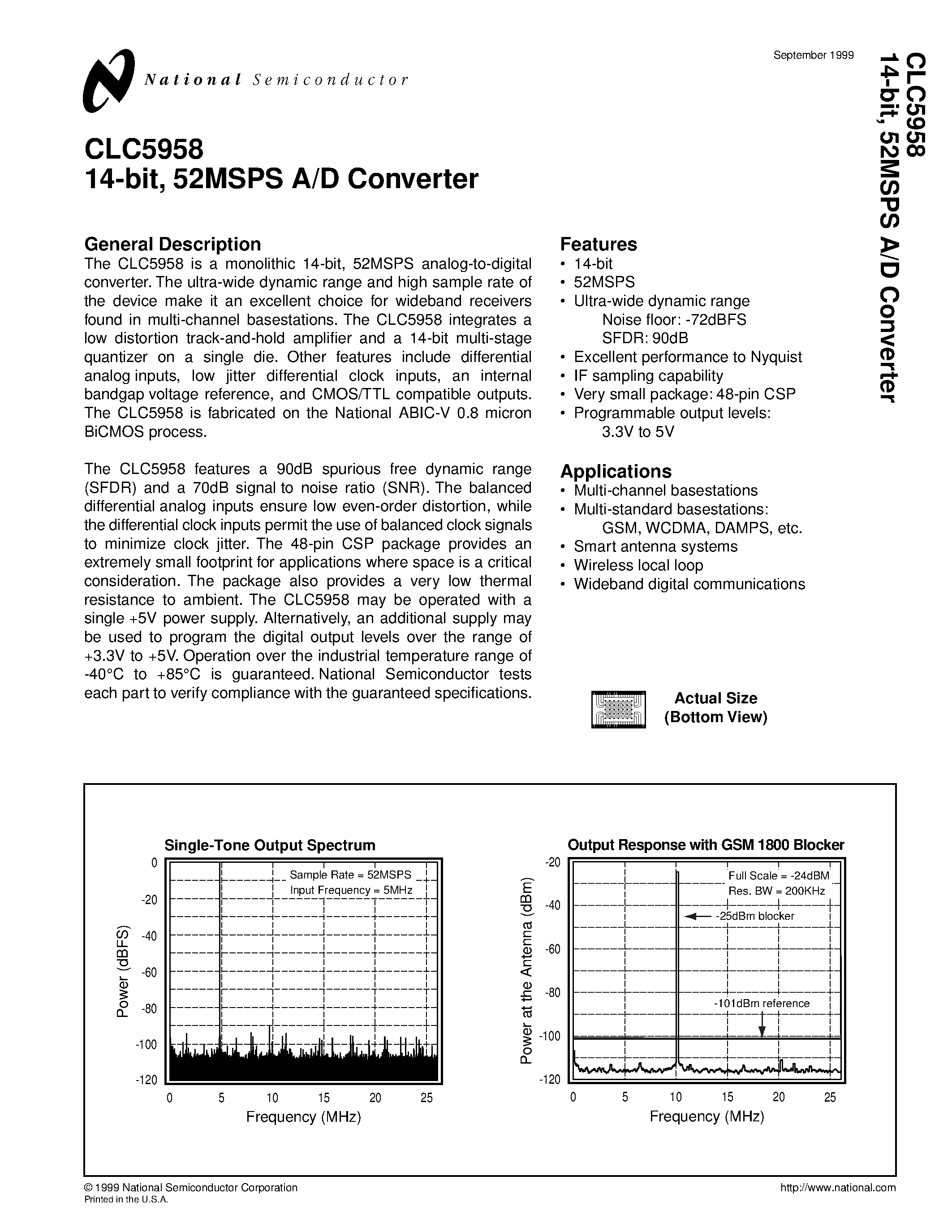 Даташит на микросхему CLC5958 страница 1 Даташит CLC5958 - 14-bit/ 52MSPS A/D Converter страница 1