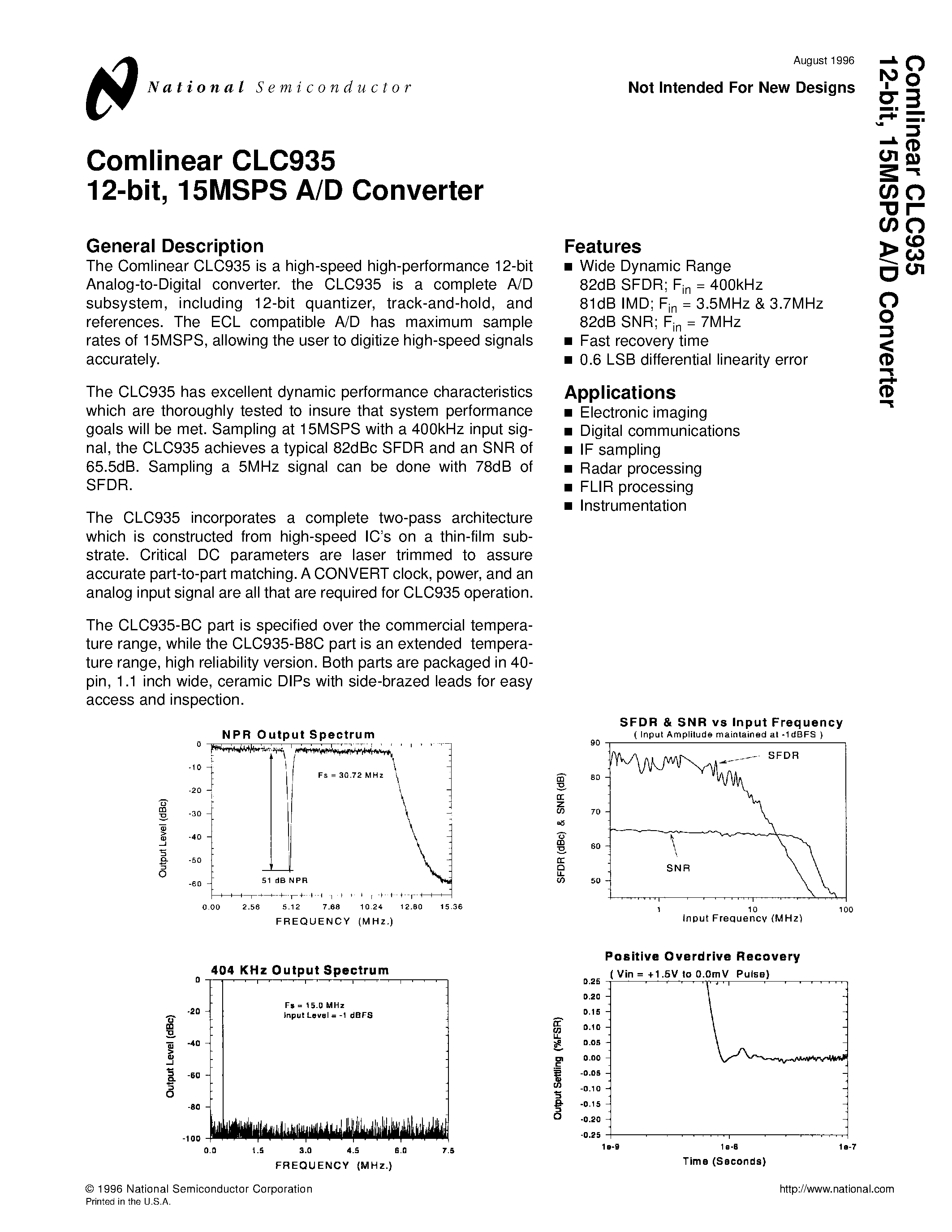 Datasheet CLC935BC - 12-bit/ 15MSPS A/D Converter page 1