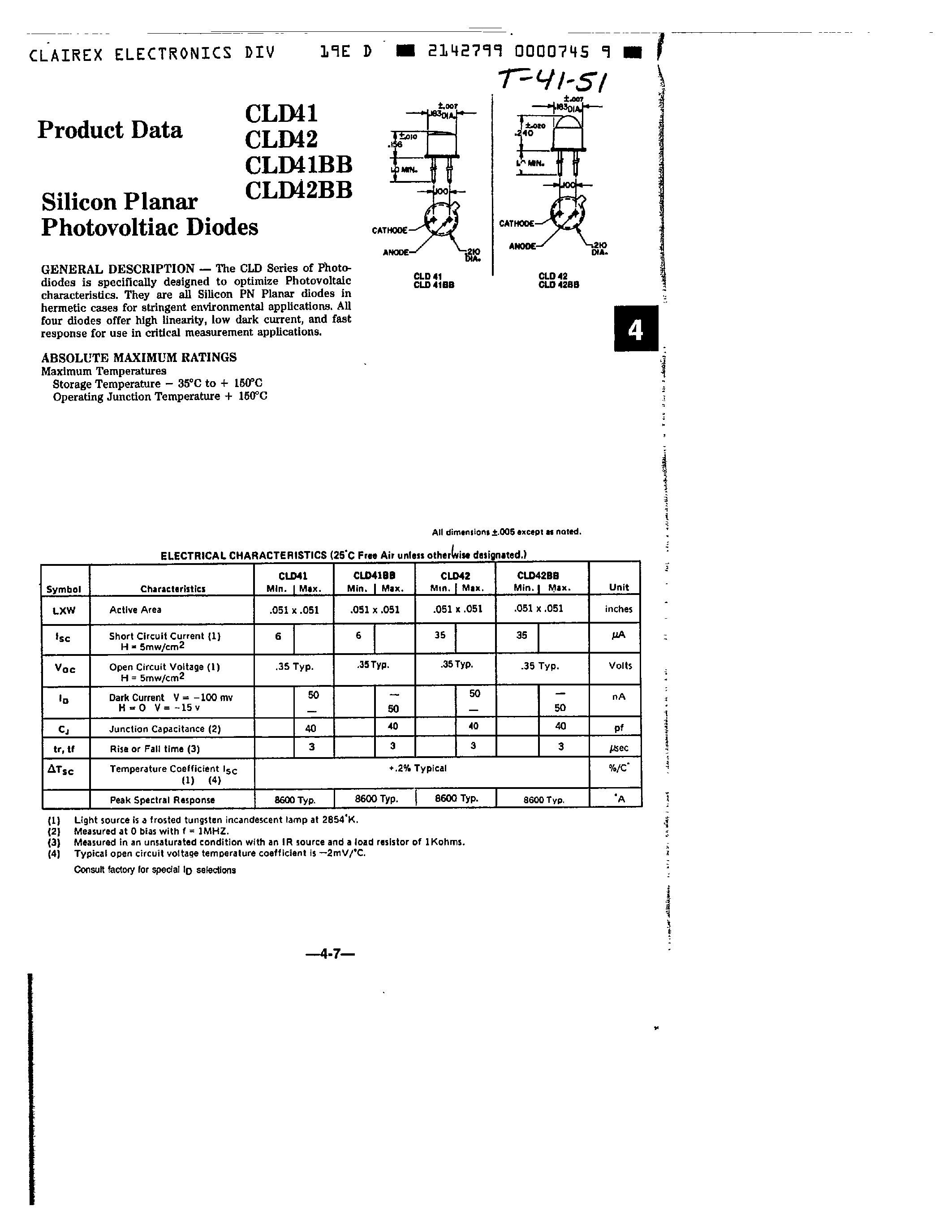 Даташит на микросхему CLD41BB страница 1 Даташит CLD41BB - SILICON PLANAR PHOTOVOLTIAC DIODES страница 1