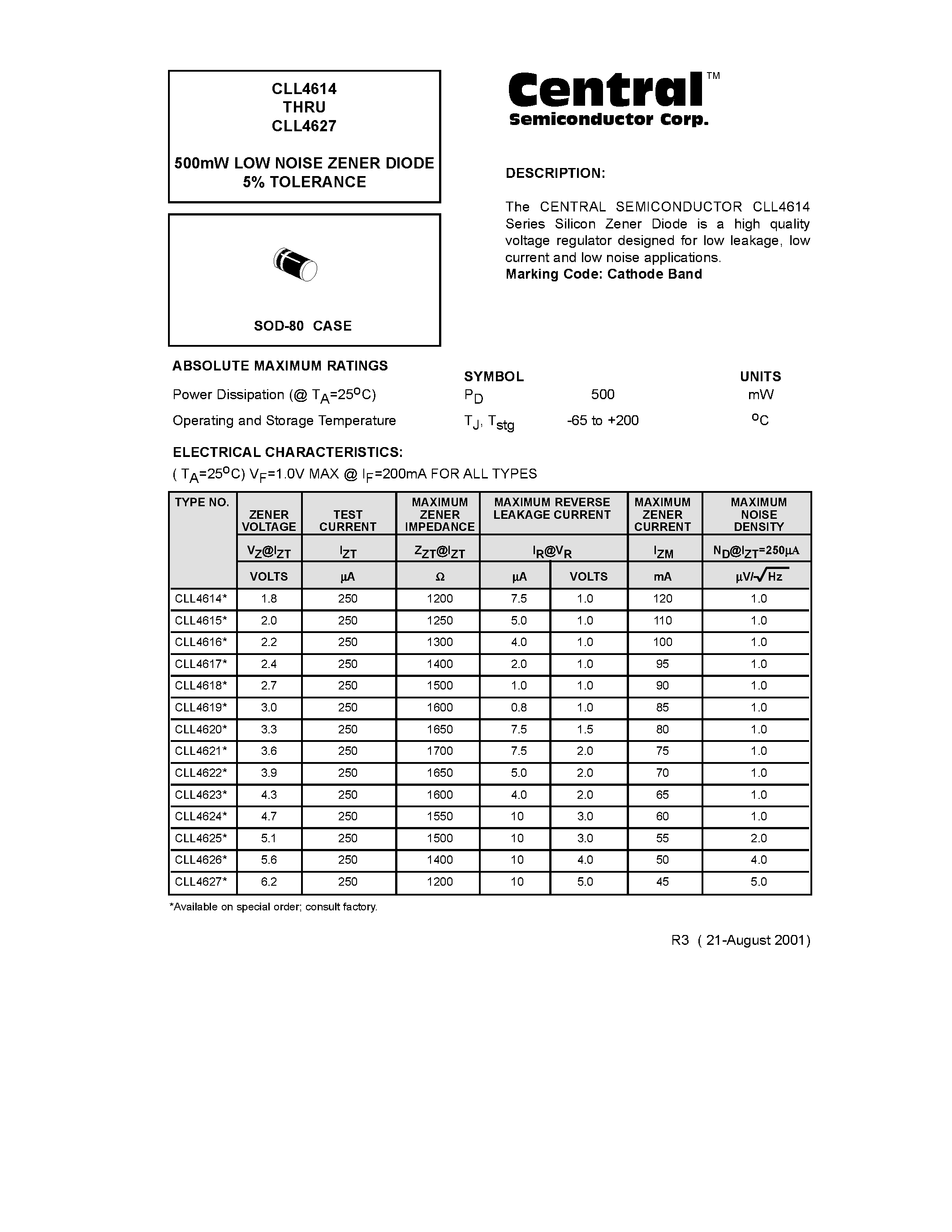 Datasheet CLL4624 - 500mW LOW NOISE ZENER DIODE 5% TOLERANCE page 1