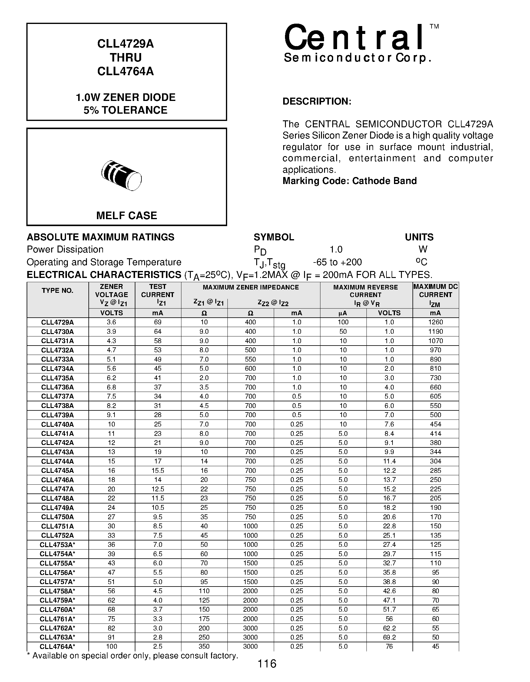 Datasheet CLL4730A - 1.0W ZENER DIODE 5% TOLERANCE page 1