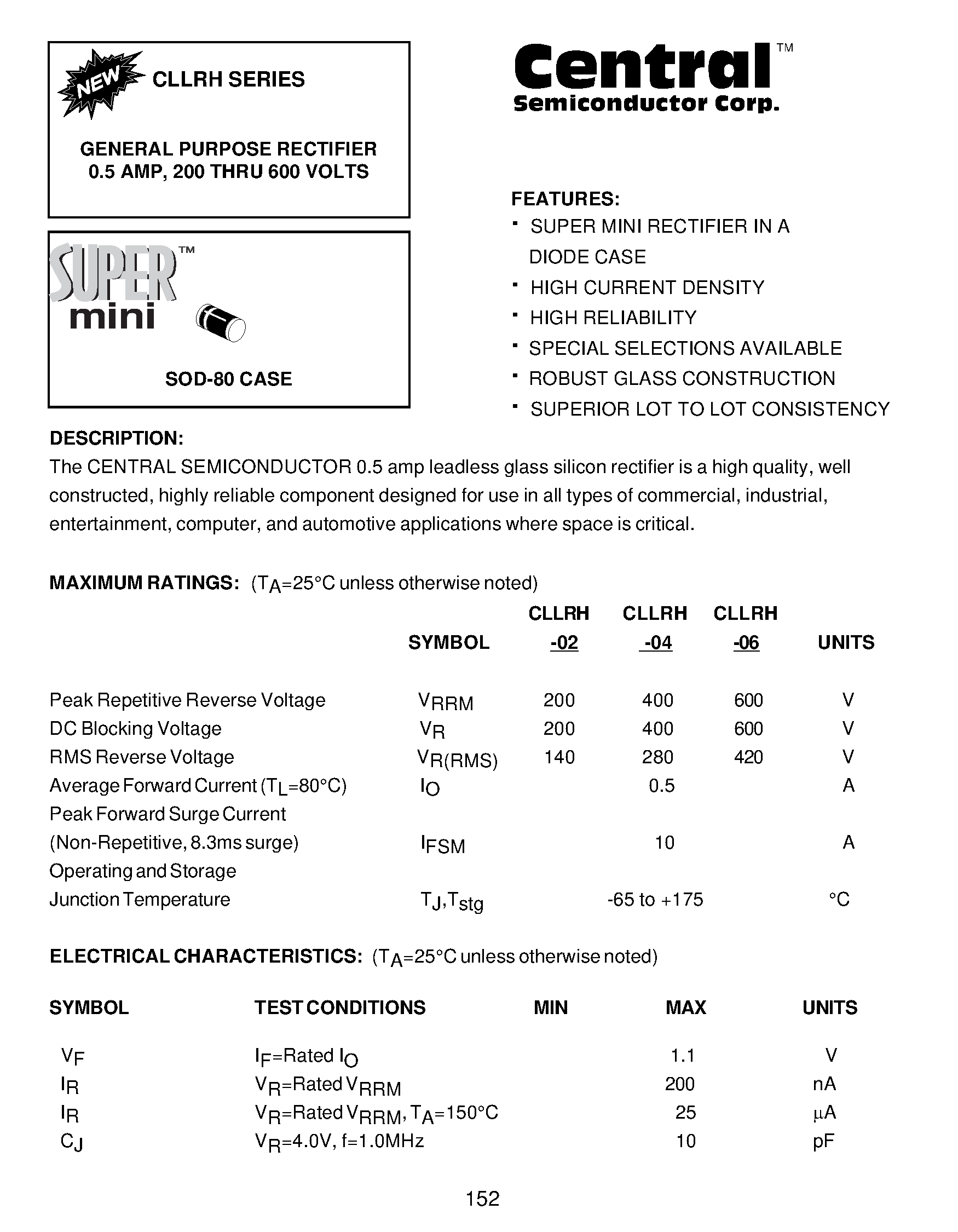 Datasheet CLLRH-06 - GENERAL PURPOSE RECTIFIER 0.5 AMP/ 200 THRU 600 VOLTS page 1