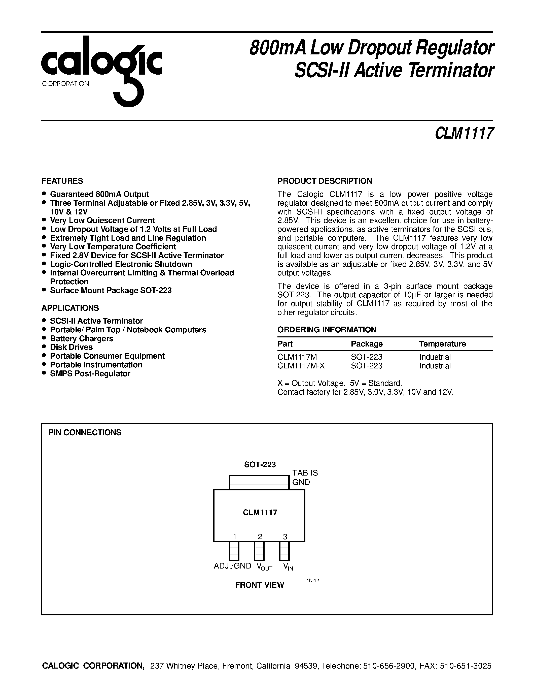Даташит CLM1117M - 800mA Low Dropout Regulator SCSI-II Active Terminator страница 1