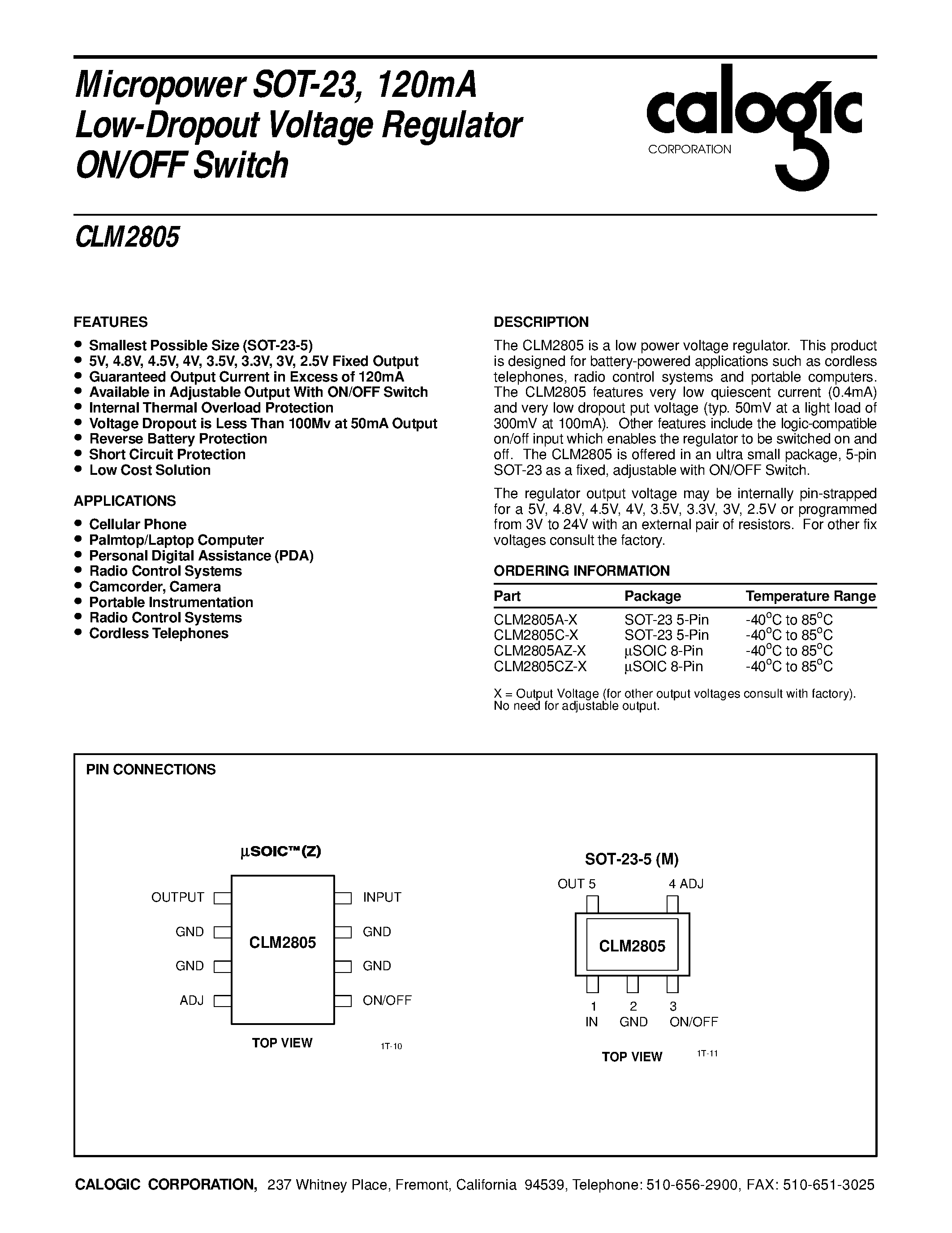 Datasheet CLM2805A-X - Micropower SOT-23/ 120mA Low-Dropout Voltage Regulator ON/OFF Switch page 1