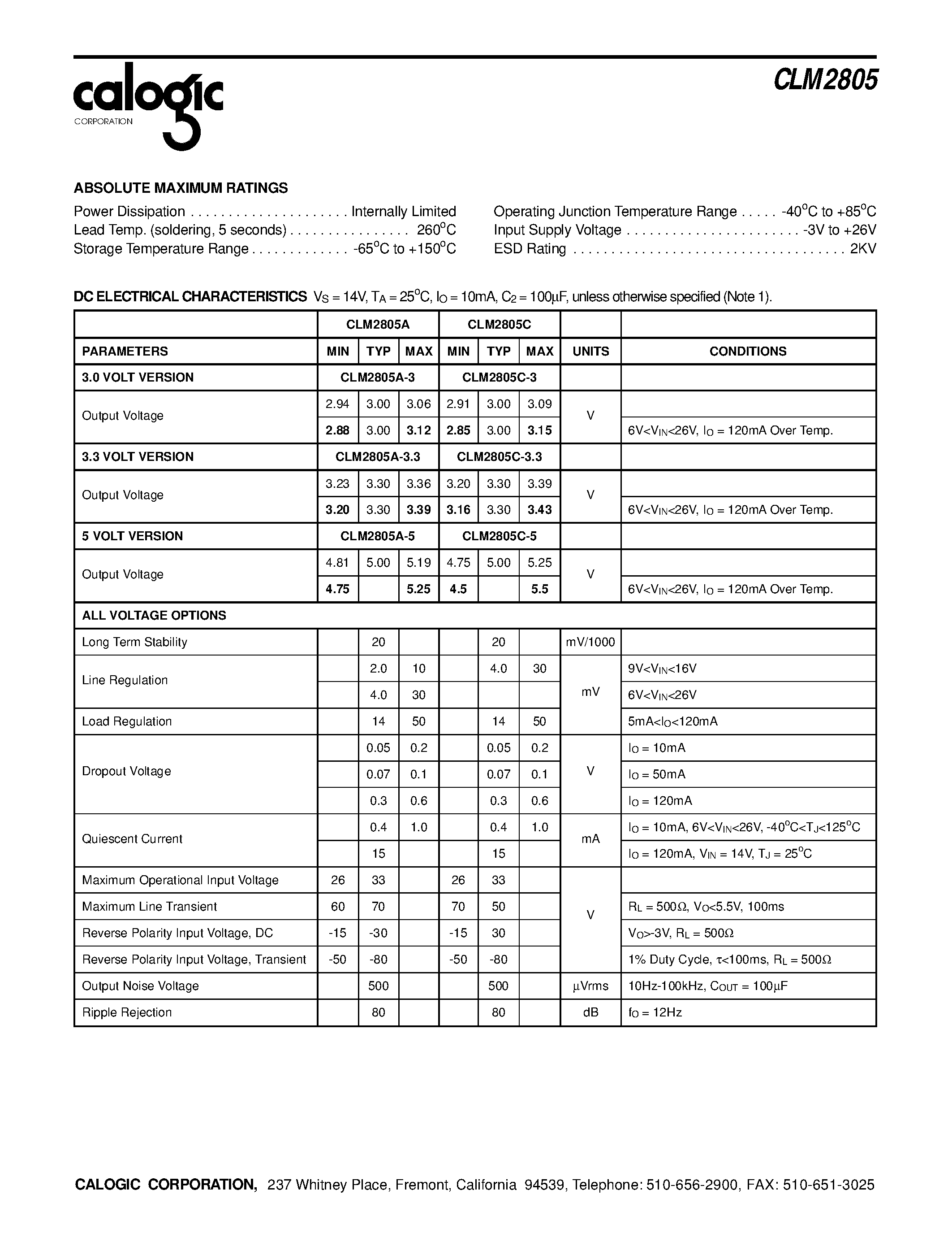 Datasheet CLM2805A-X - Micropower SOT-23/ 120mA Low-Dropout Voltage Regulator ON/OFF Switch page 2