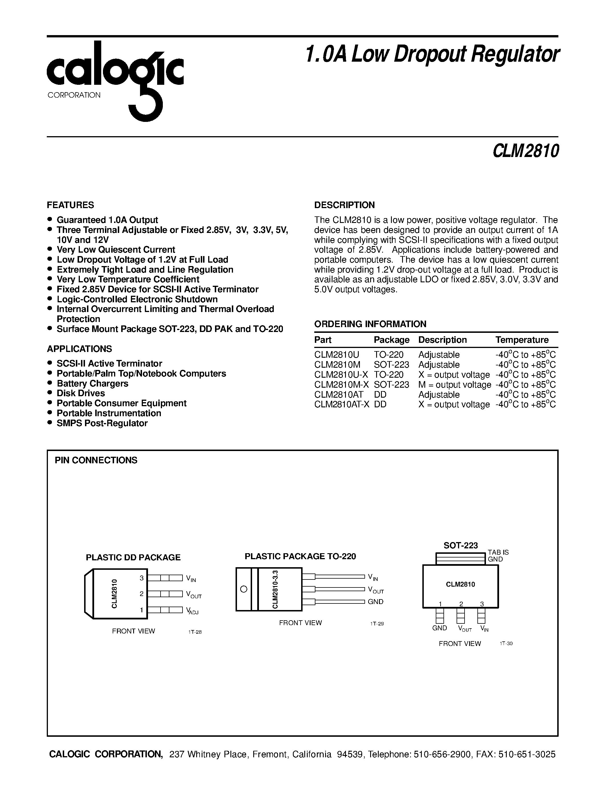 Даташит на микросхему CLM2810 страница 1 Даташит CLM2810 - 1.0A Low Dropout Regulator страница 1