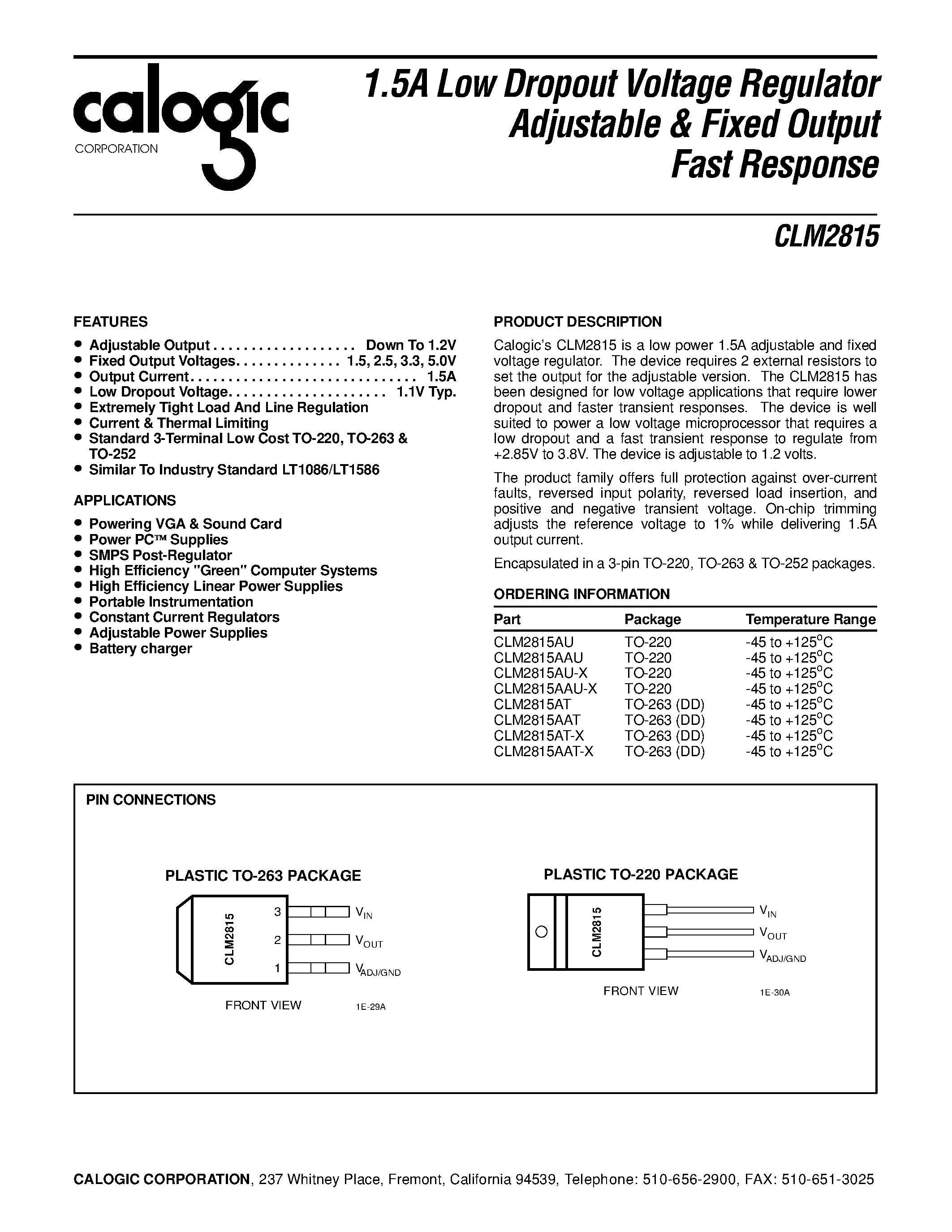 Даташит на микросхему CLM2815AT страница 1 Даташит CLM2815AT - 1.5A Low Dropout Voltage Regulator Adjustable & Fixed Output Fast Response страница 1