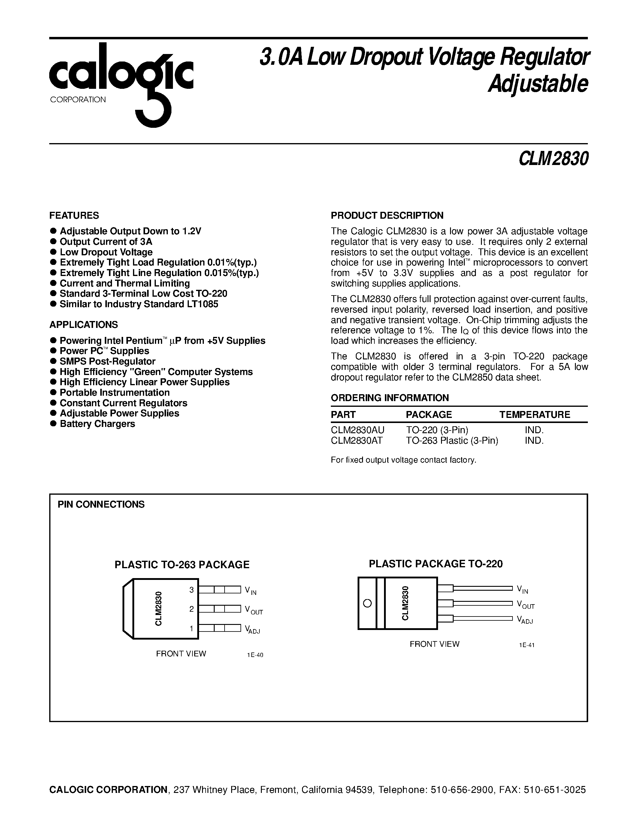 Datasheet CLM2830AU page 1 Datasheet CLM2830AU - 3.0A Low Dropout Voltage Regulator Adjustable page 1