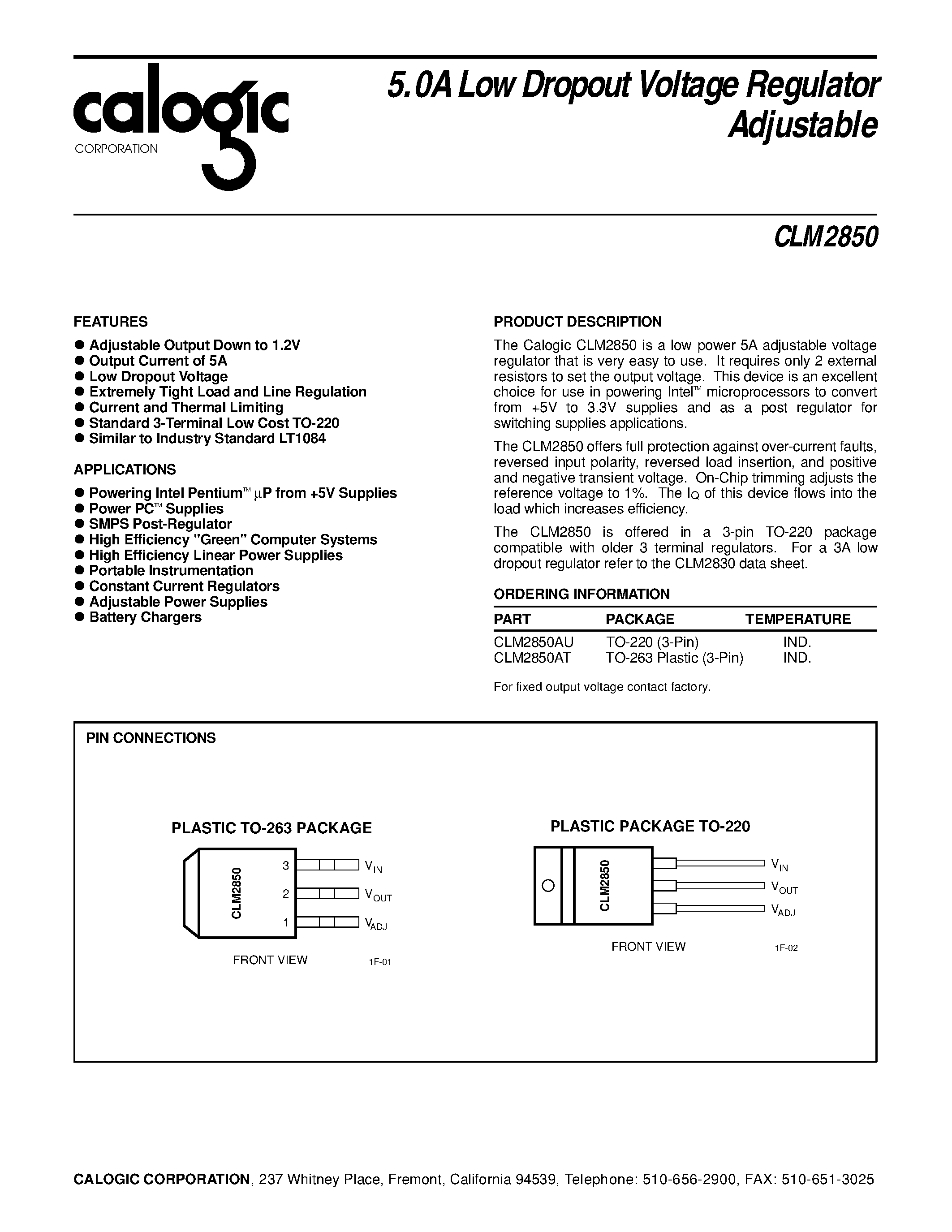 Datasheet CLM2850AT - 5.0A Low Dropout Voltage Regulator Adjustable page 1