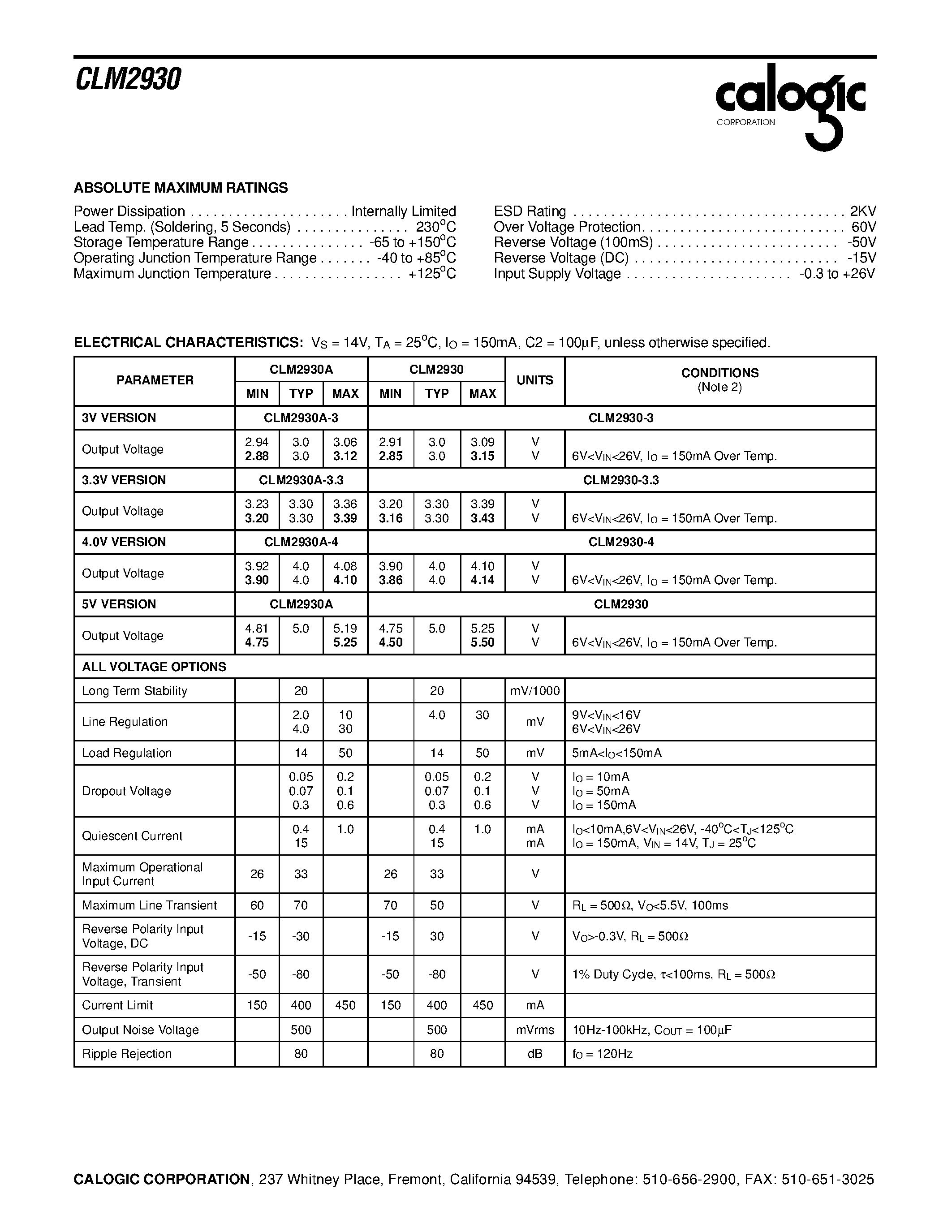 Datasheet CLM2930-3 - 150mA Low Dropout Voltage Regulators page 2