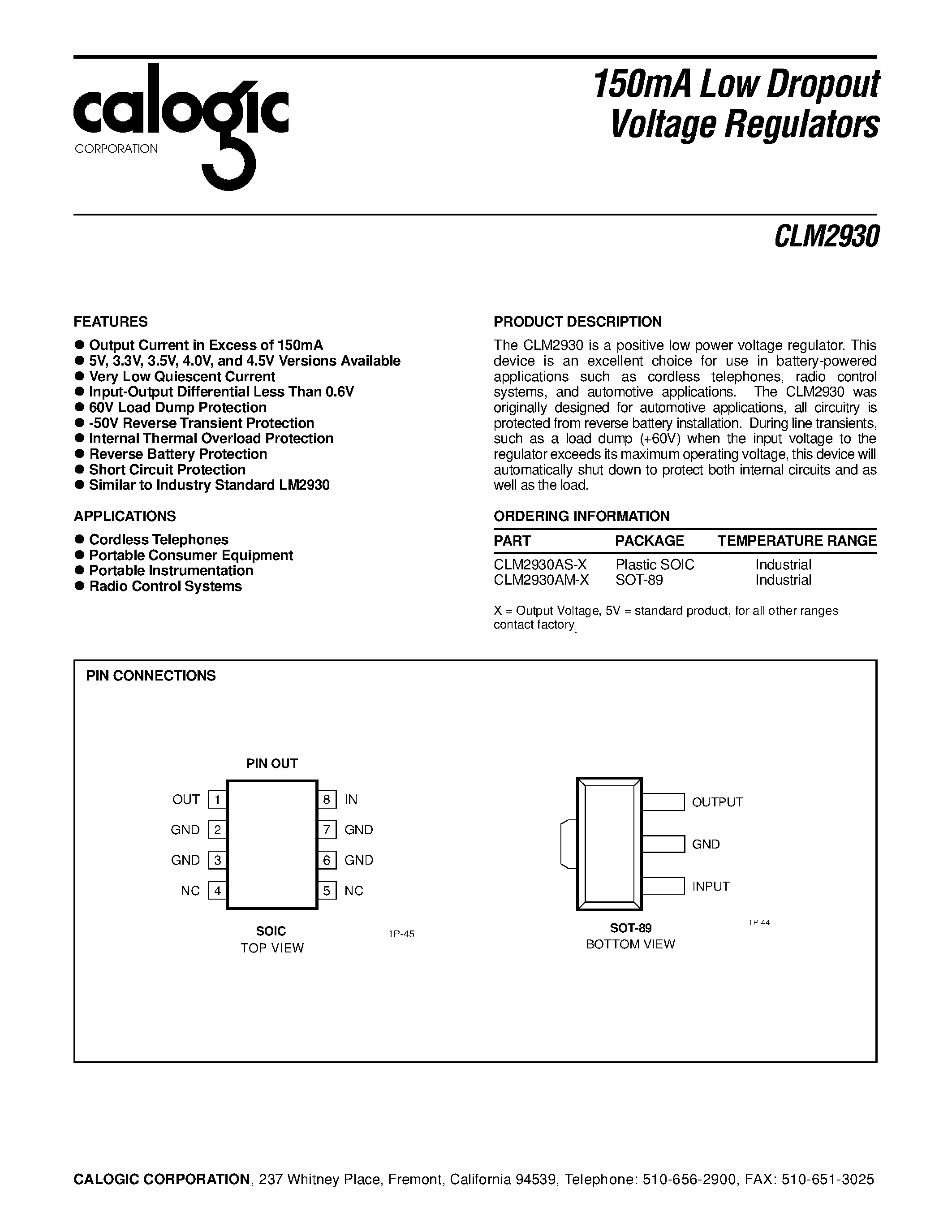 Datasheet CLM2930-4 page 1 Datasheet CLM2930-4 - 150mA Low Dropout Voltage Regulators page 1