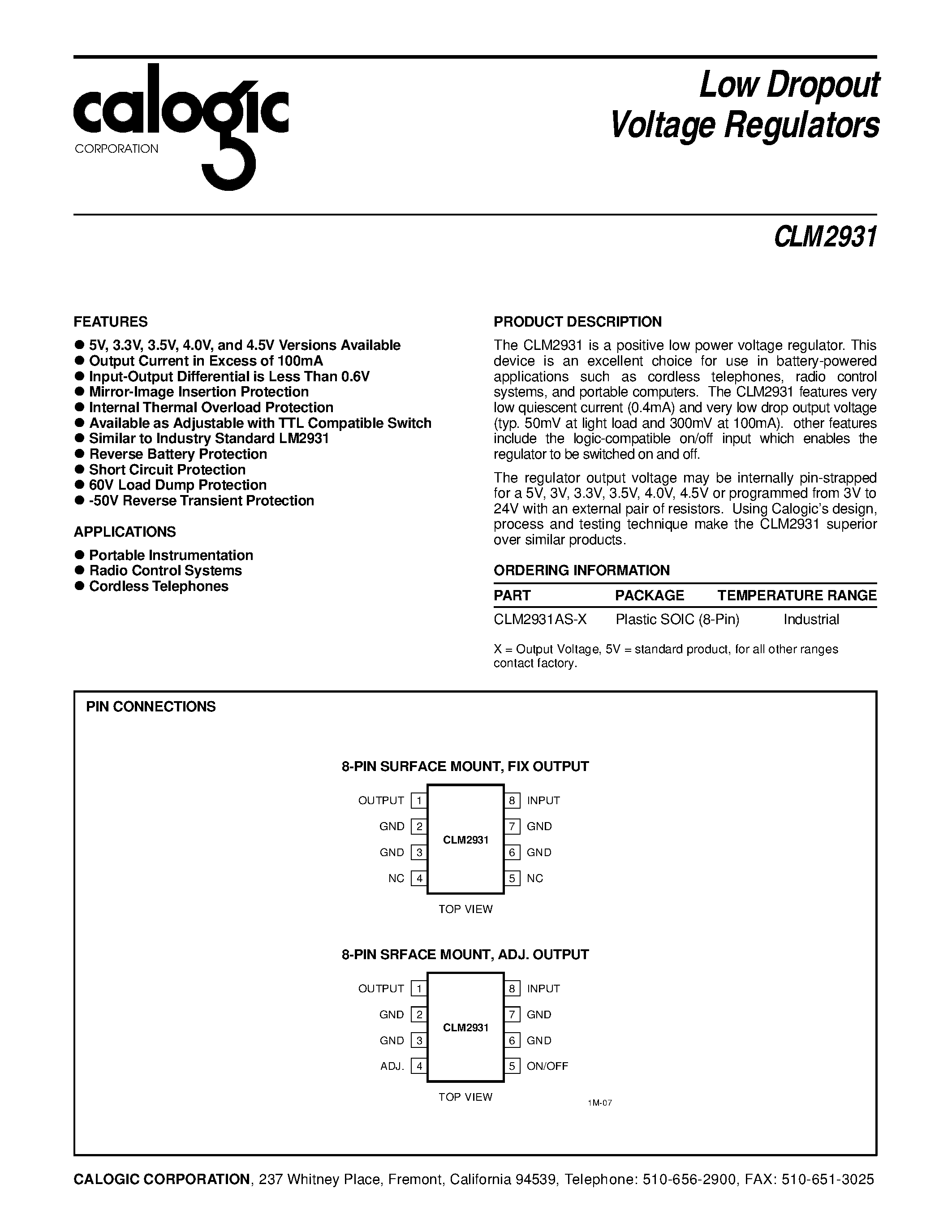 Datasheet CLM2931A-3 - Low Dropout Voltage Regulators page 1