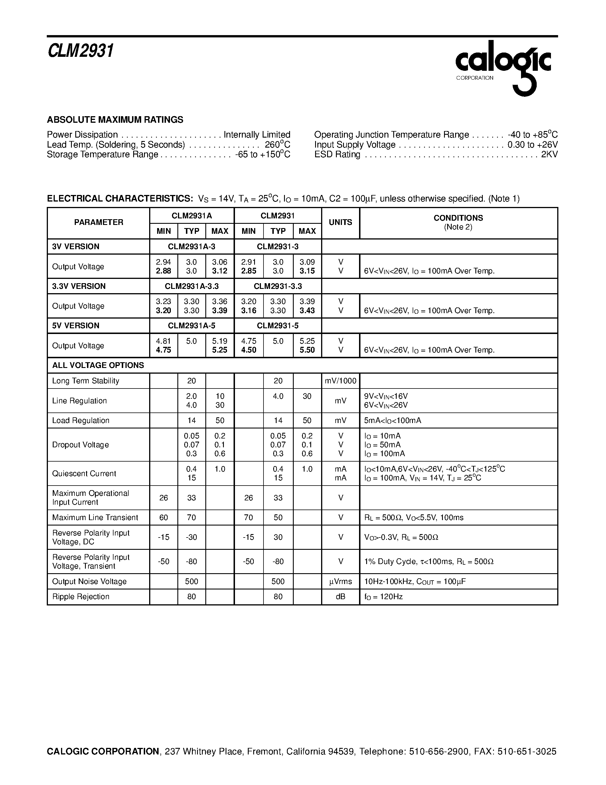 Datasheet CLM2931A-3 - Low Dropout Voltage Regulators page 2