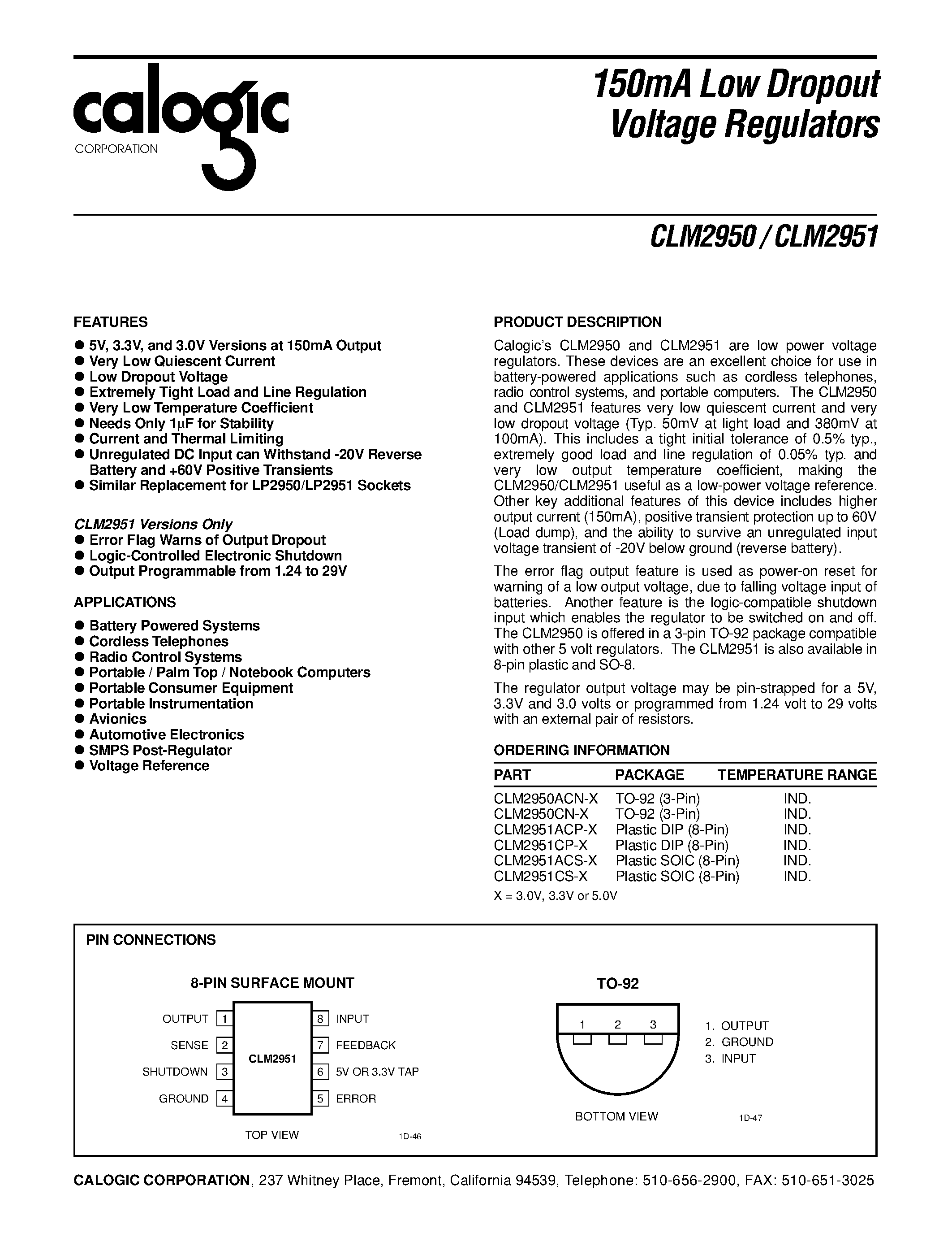 Datasheet CLM2951ACP-X page 1 Datasheet CLM2951ACP-X - 150mA Low Dropout Voltage Regulators page 1