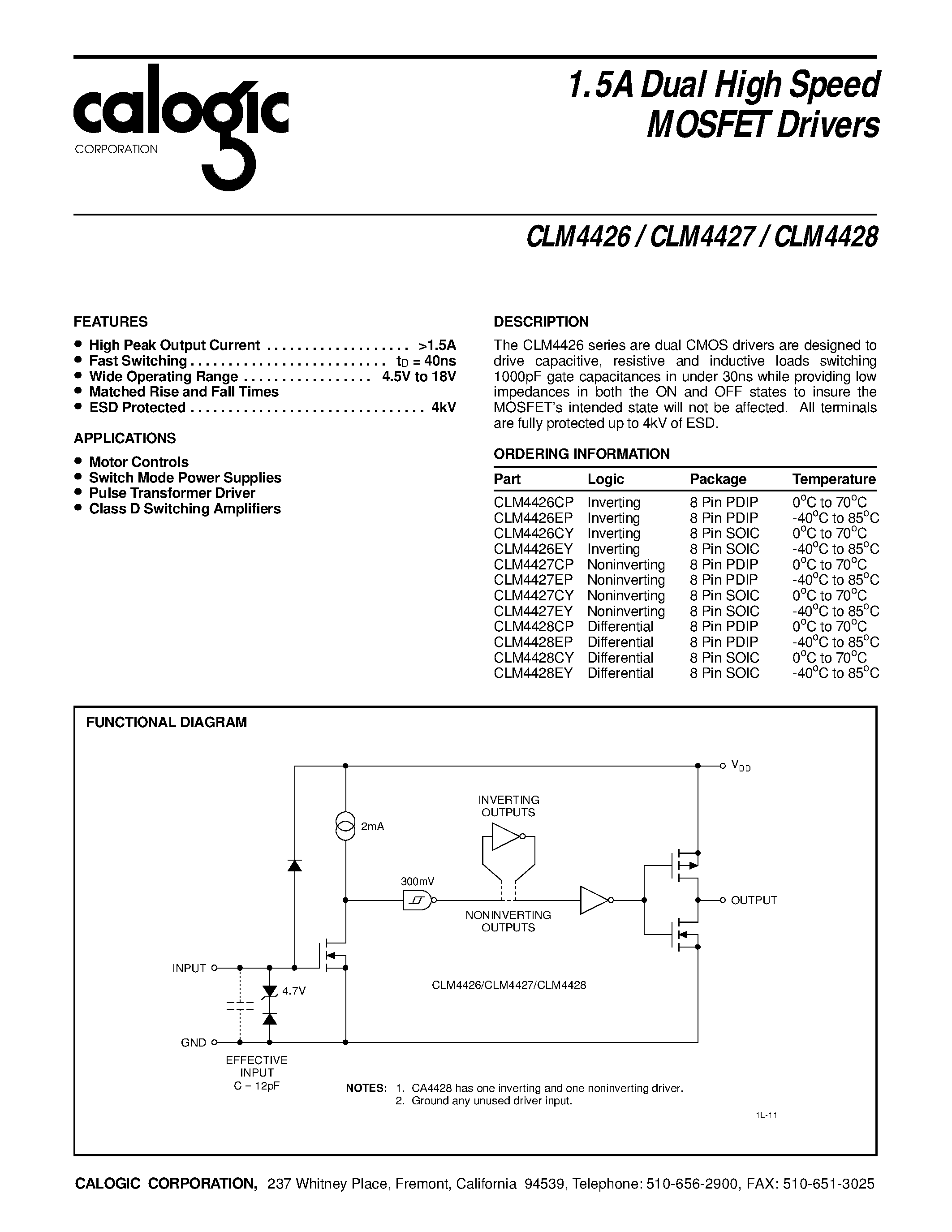 Даташит CLM4428EP - 1.5A Dual High Speed MOSFET Drivers страница 1