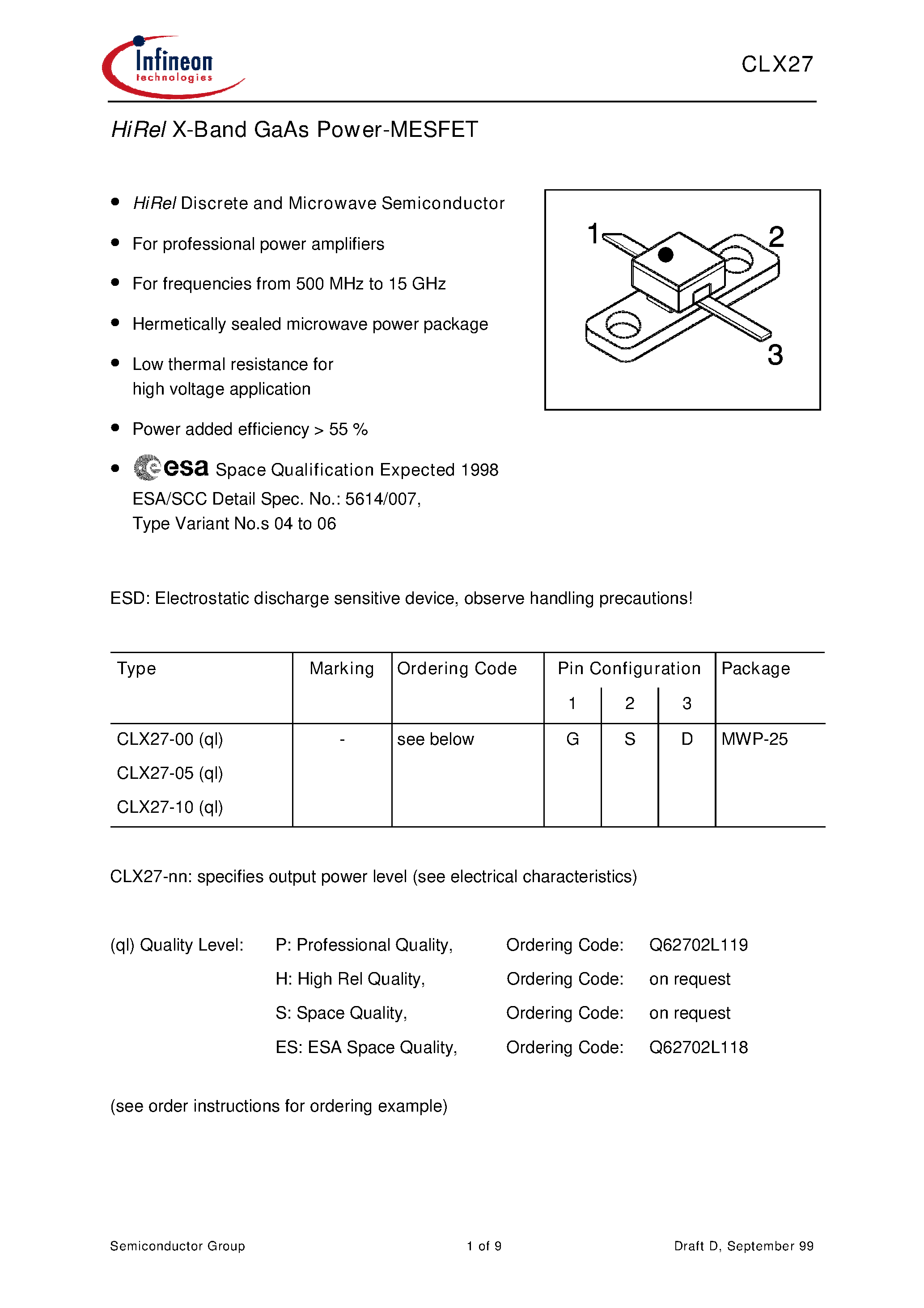 Datasheet CLX27-05 page 1 Datasheet CLX27-05 - HiRel X-Band GaAs Power-MESFET page 1