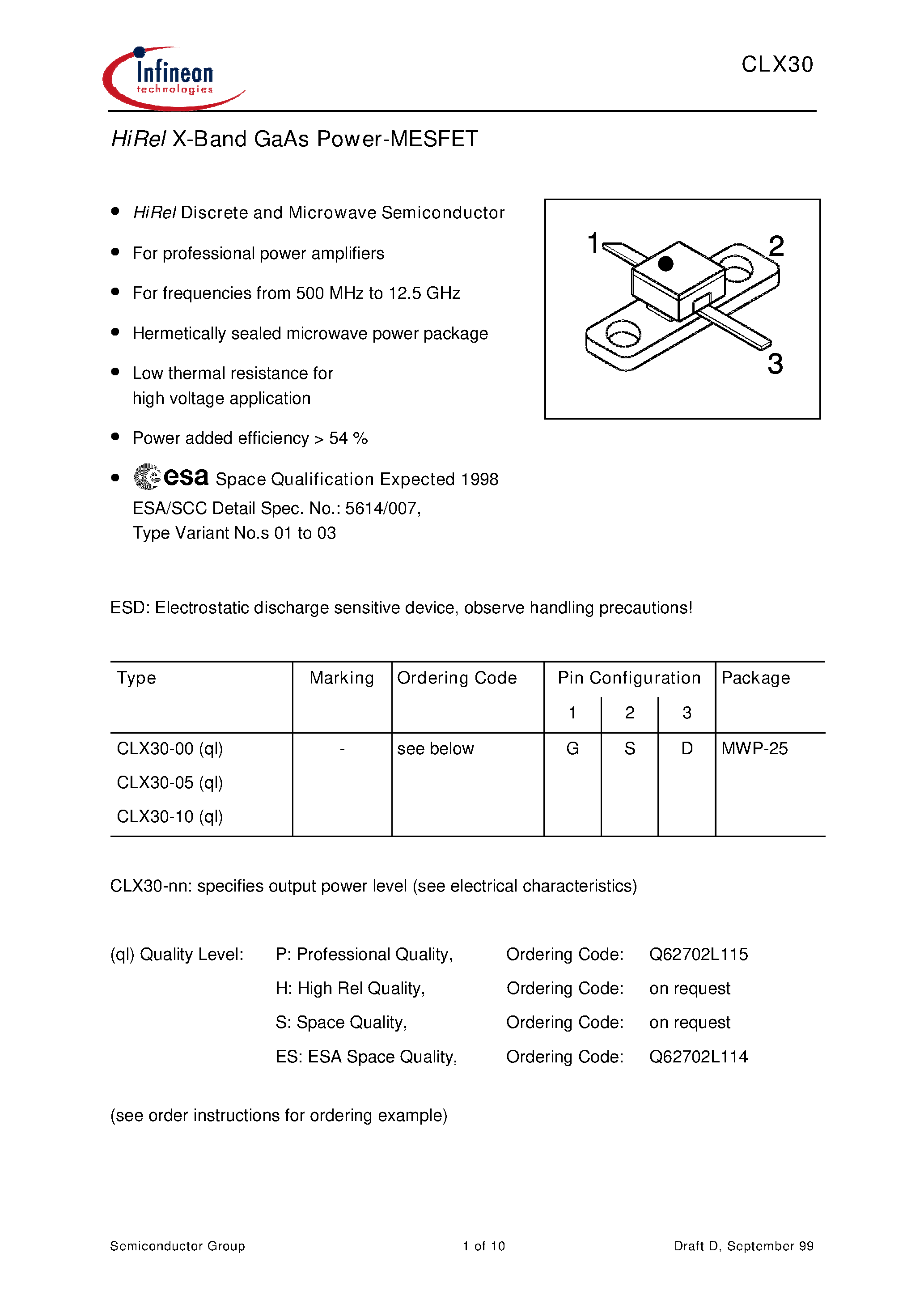 Datasheet CLX30 - HiRel X-Band GaAs Power-MESFET page 1